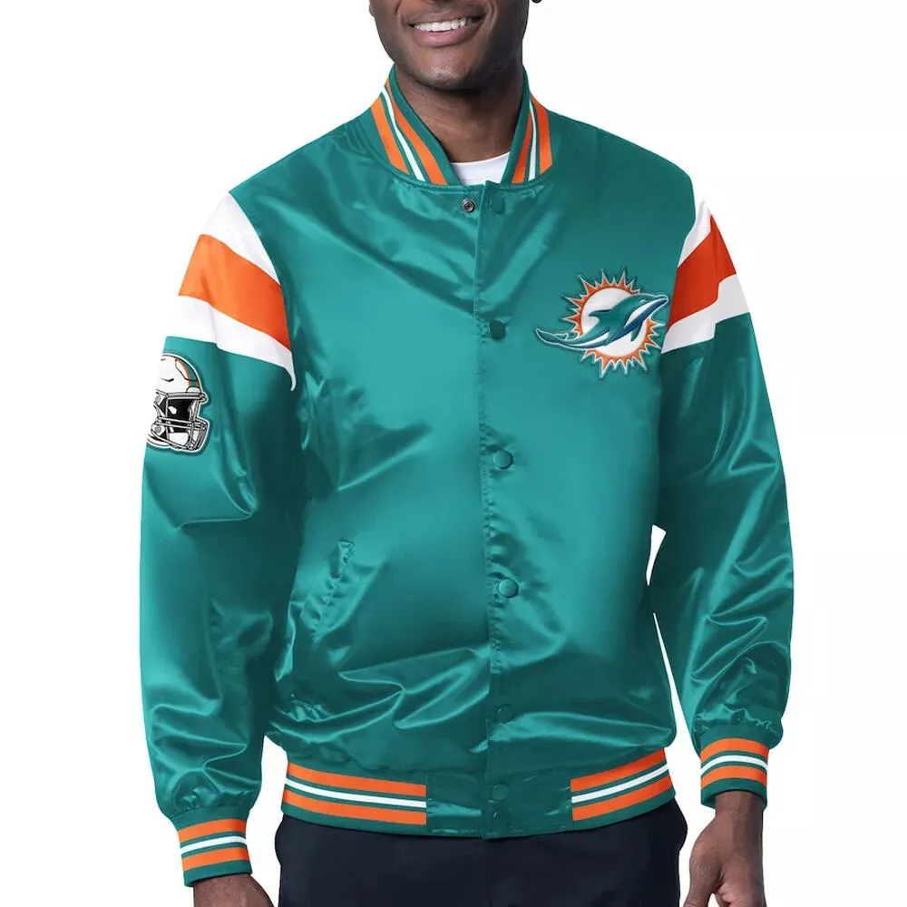 0 Miami Dolphins Turquoise Satin Bomber Letterman Baseball Varsity Jacket