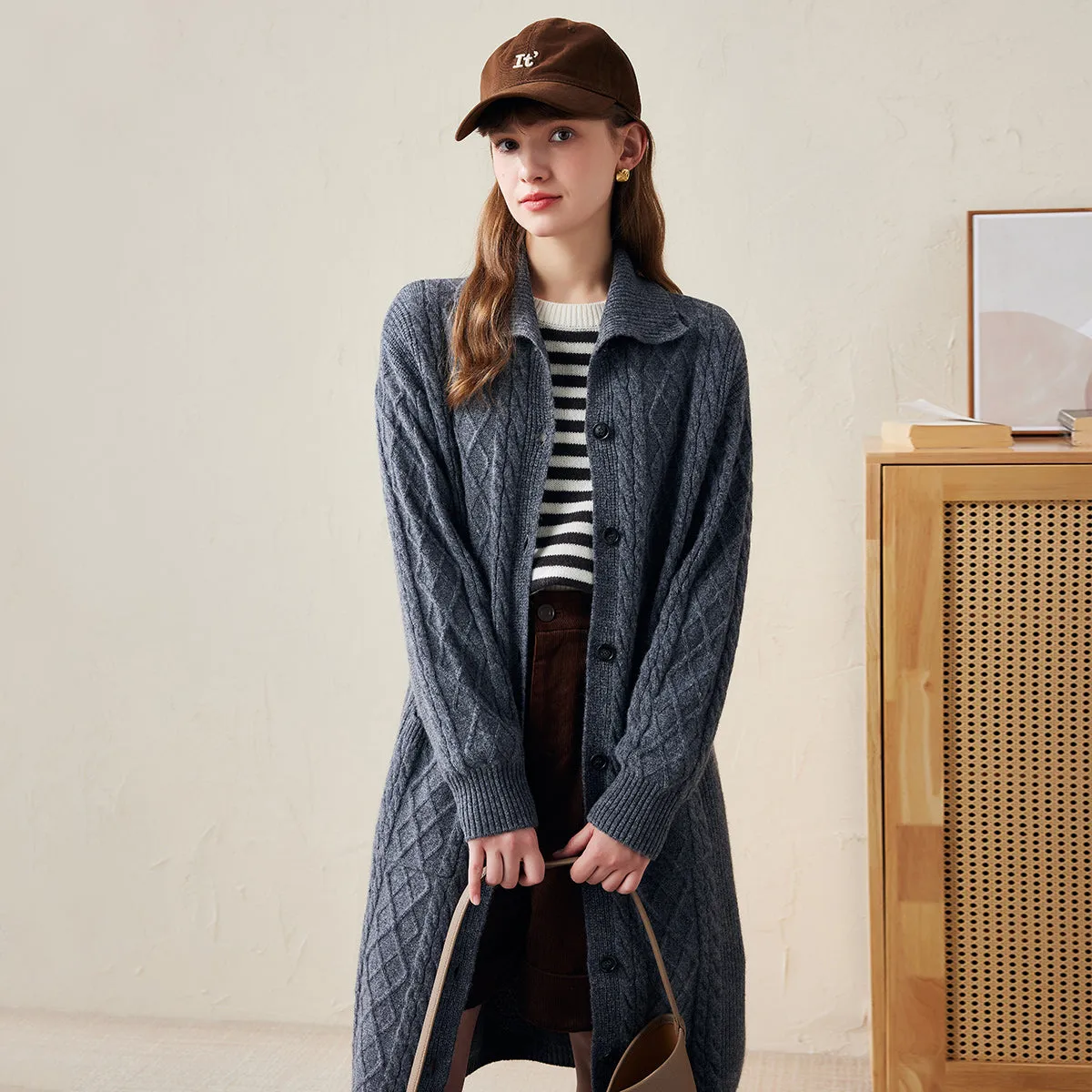 100% Wool Cardigan Cable Knit Long Front Button Coat