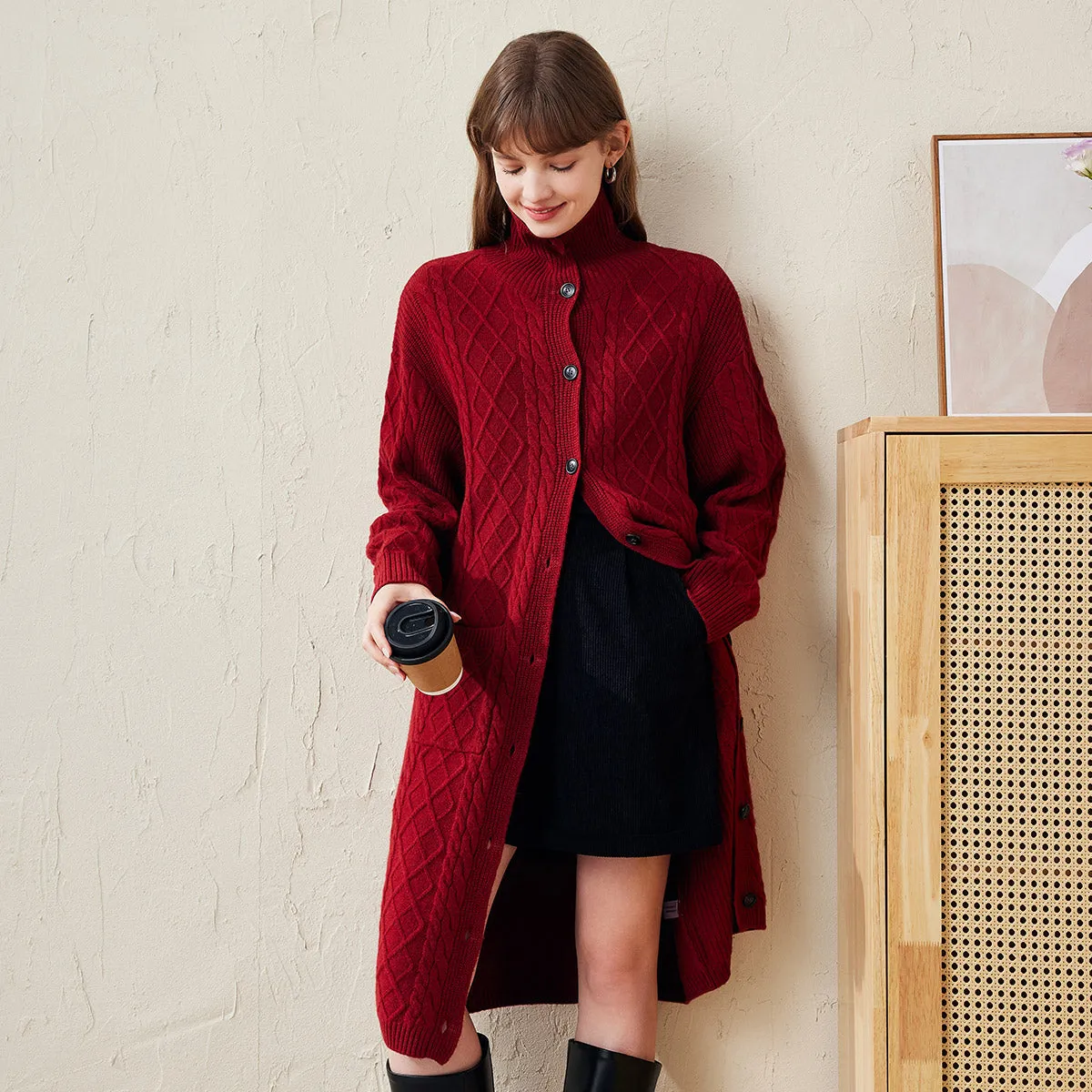 100% Wool Cardigan Cable Knit Long Front Button Coat