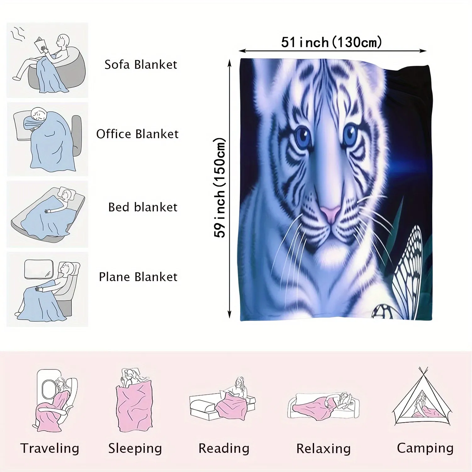 1pc Cute Little White Tiger Printed Flannel Blanket For Sofa, Bed, Office Shawl, Wild Camping Multi-purpose Super Soft Comfortable Blanket