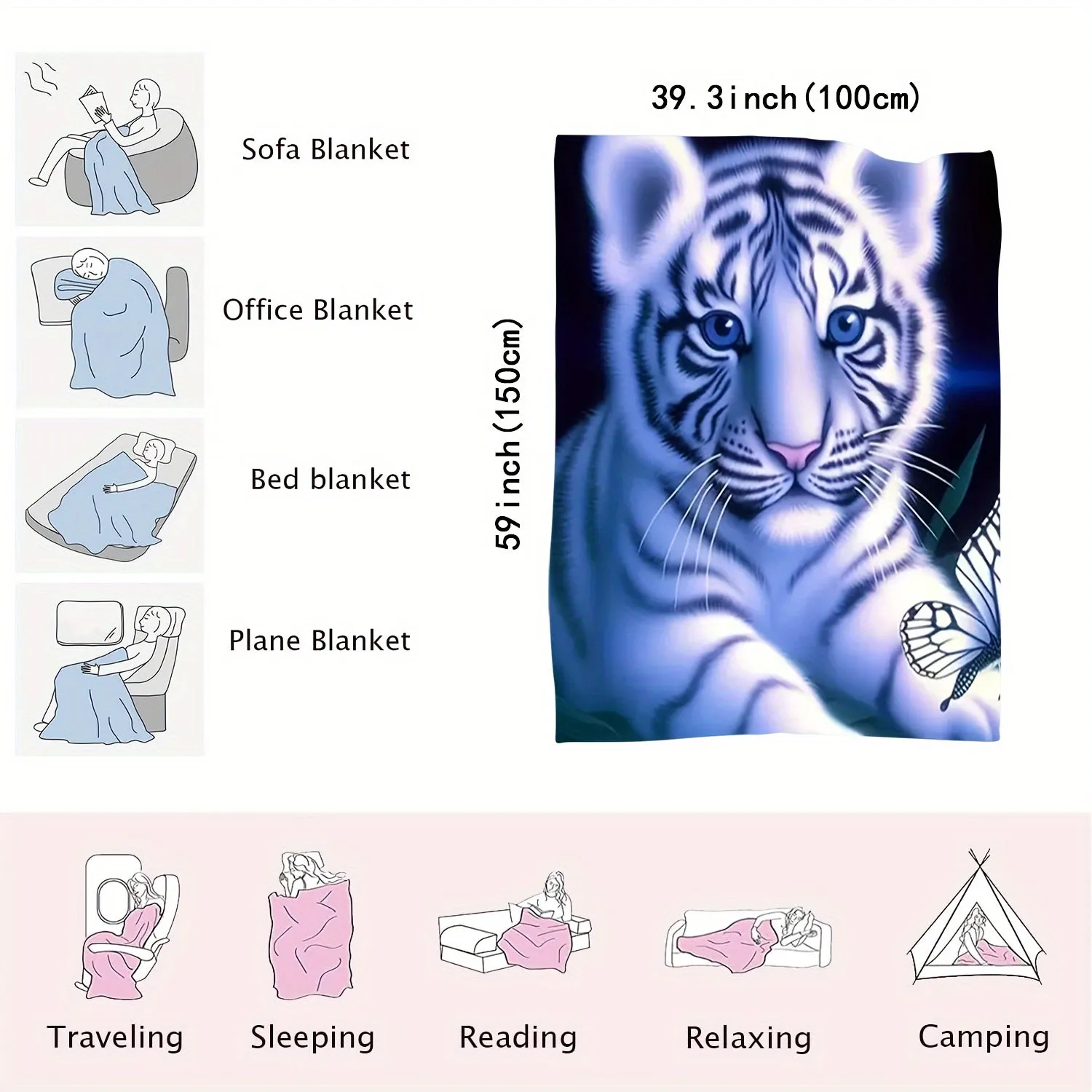 1pc Cute Little White Tiger Printed Flannel Blanket For Sofa, Bed, Office Shawl, Wild Camping Multi-purpose Super Soft Comfortable Blanket