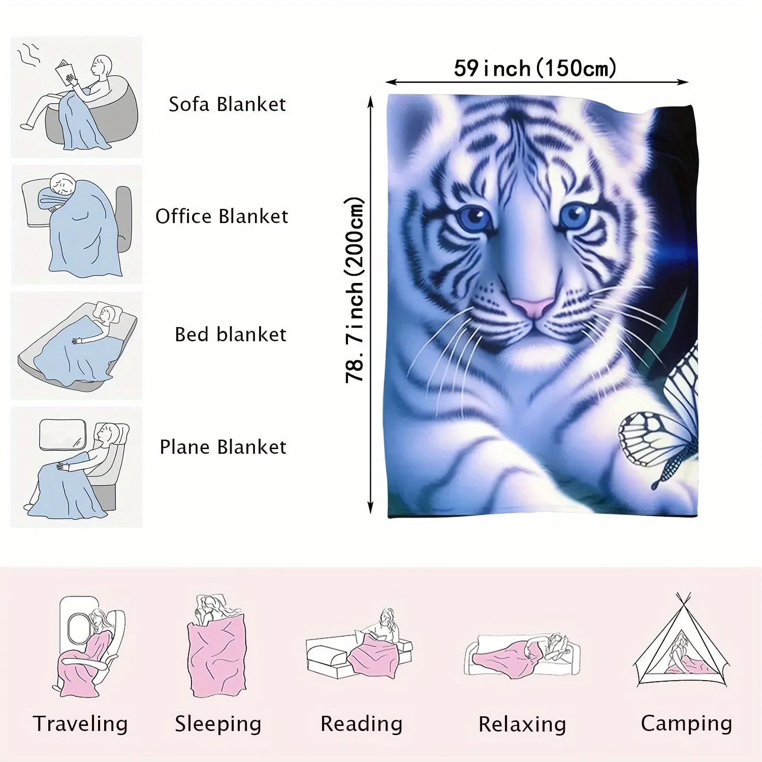 1pc Cute Little White Tiger Printed Flannel Blanket For Sofa, Bed, Office Shawl, Wild Camping Multi-purpose Super Soft Comfortable Blanket