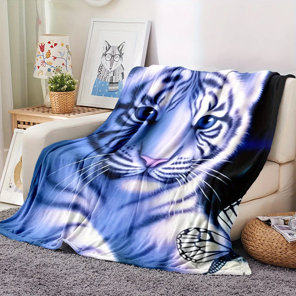 1pc Cute Little White Tiger Printed Flannel Blanket For Sofa, Bed, Office Shawl, Wild Camping Multi-purpose Super Soft Comfortable Blanket