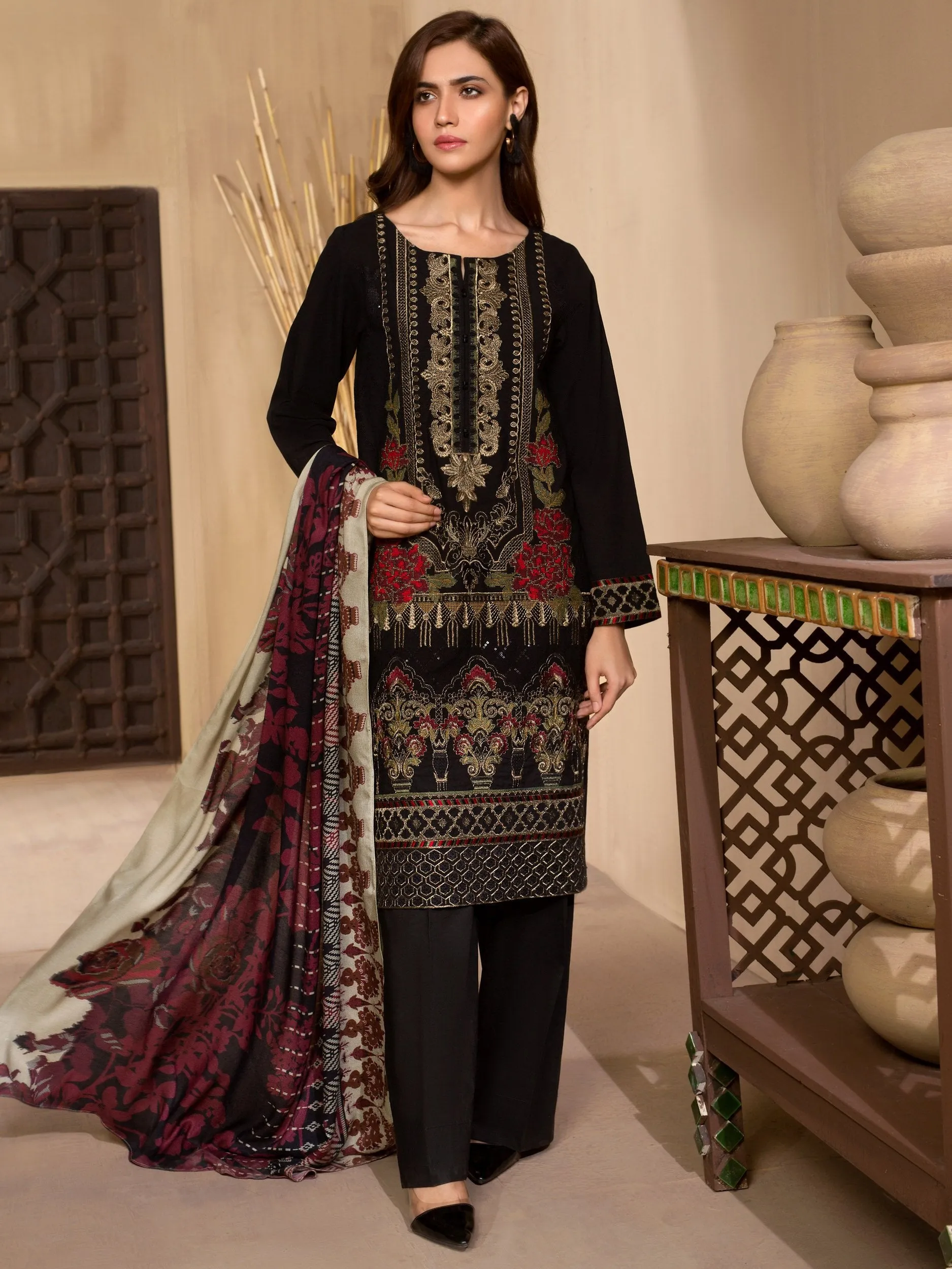 2-Pc Embroidered Winter Cotton Suit