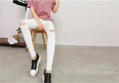 2016 High Elastic Fashion Cotton Womens Black High Waist Torn Jeans Ripped Hole Knee Skinny Pencil Pants Slim Capris For Women