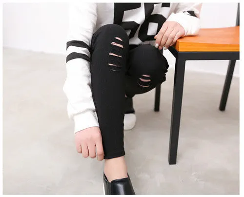 2016 High Elastic Fashion Cotton Womens Black High Waist Torn Jeans Ripped Hole Knee Skinny Pencil Pants Slim Capris For Women