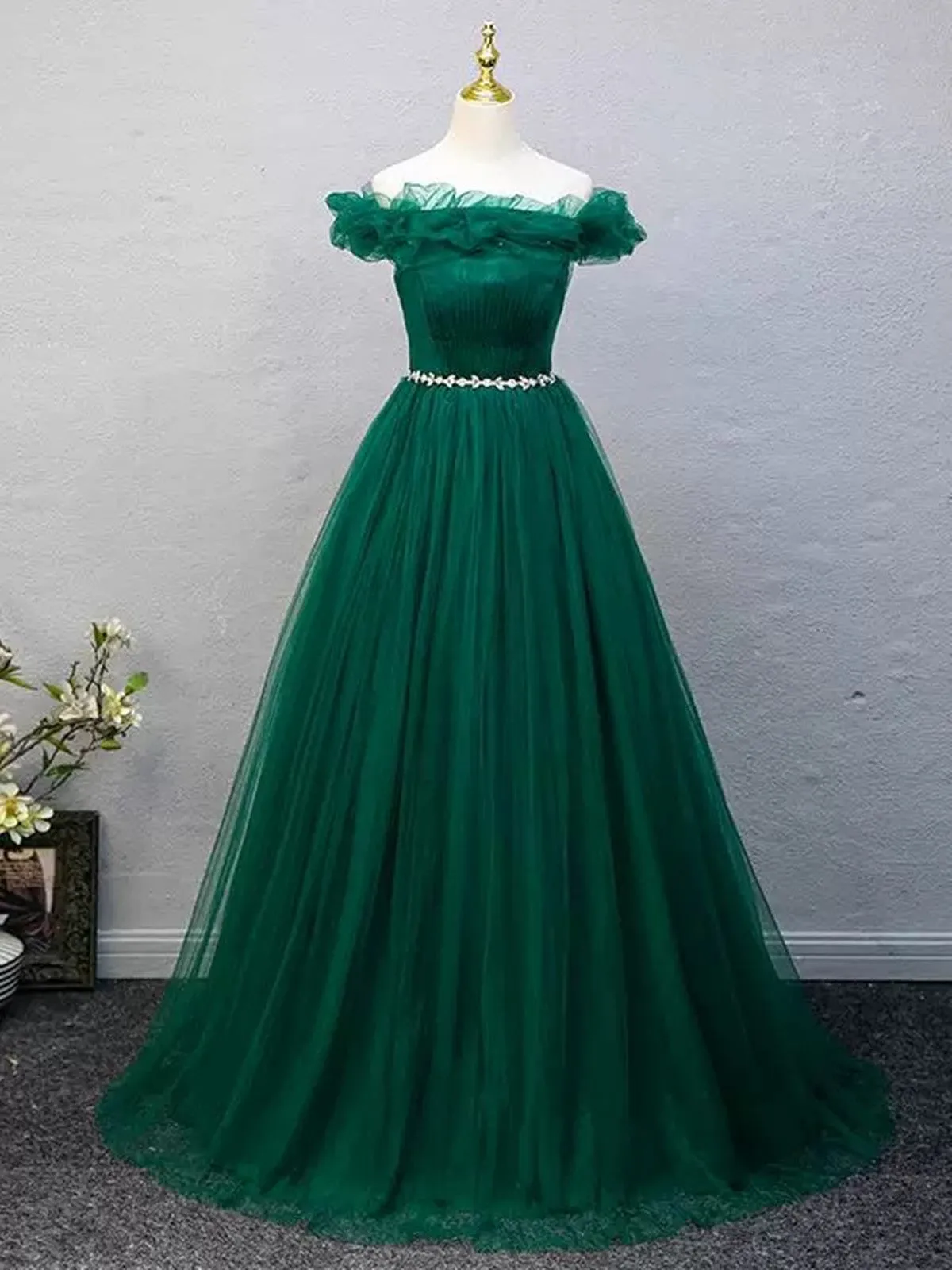 A-line Green Beaded Tulle Off Shoulder Party Dress, Green Tulle Long Formal Dress