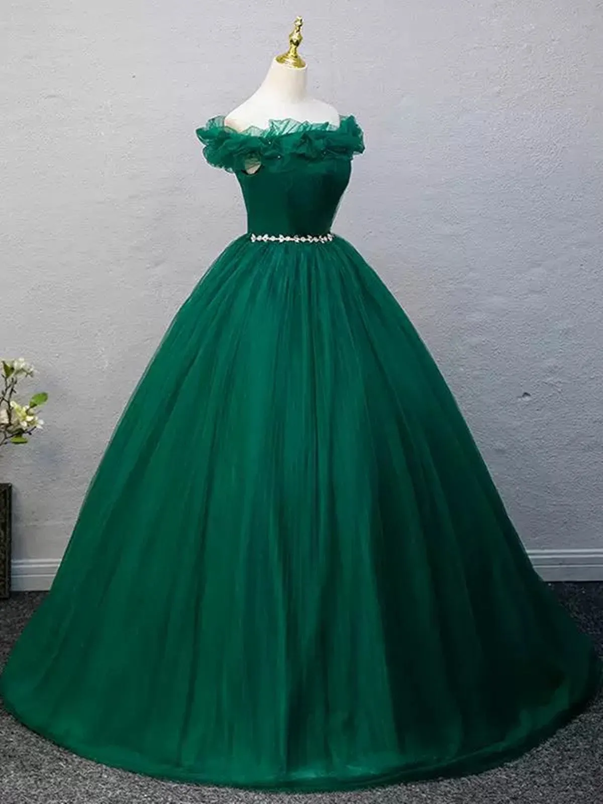 A-line Green Beaded Tulle Off Shoulder Party Dress, Green Tulle Long Formal Dress