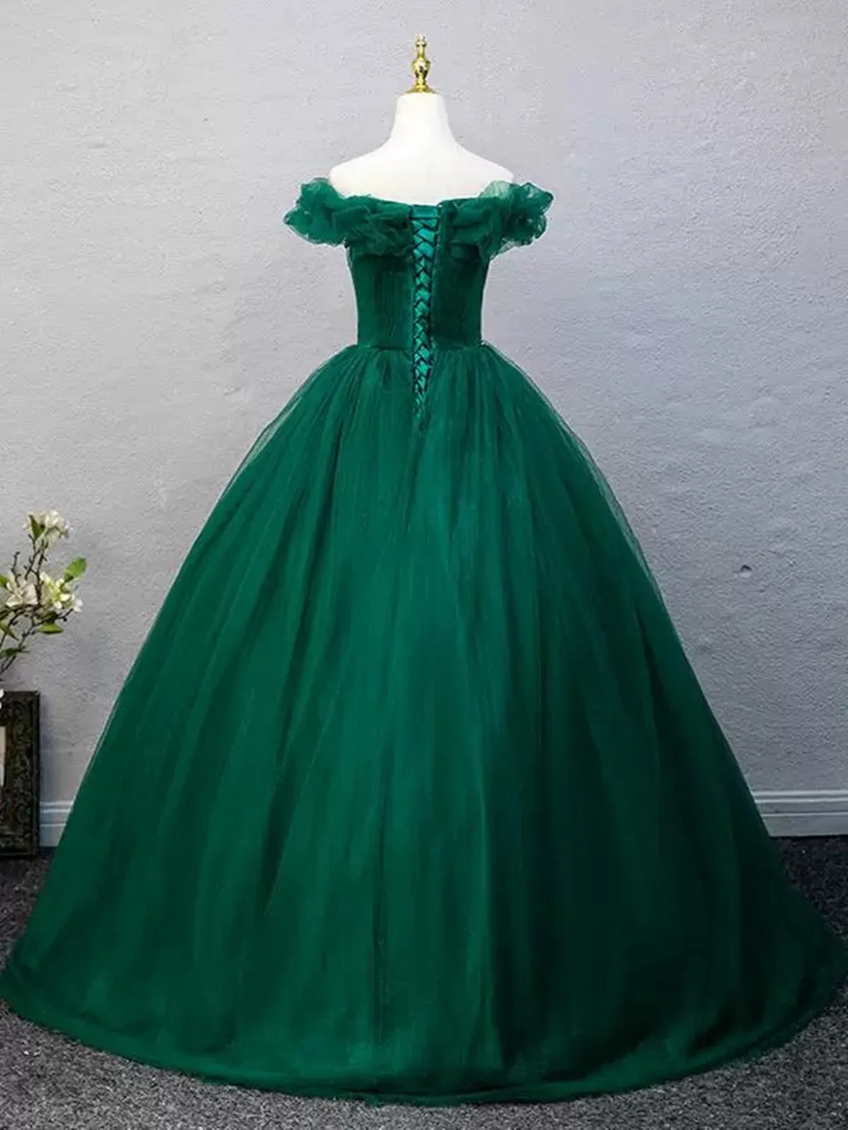 A-line Green Beaded Tulle Off Shoulder Party Dress, Green Tulle Long Formal Dress