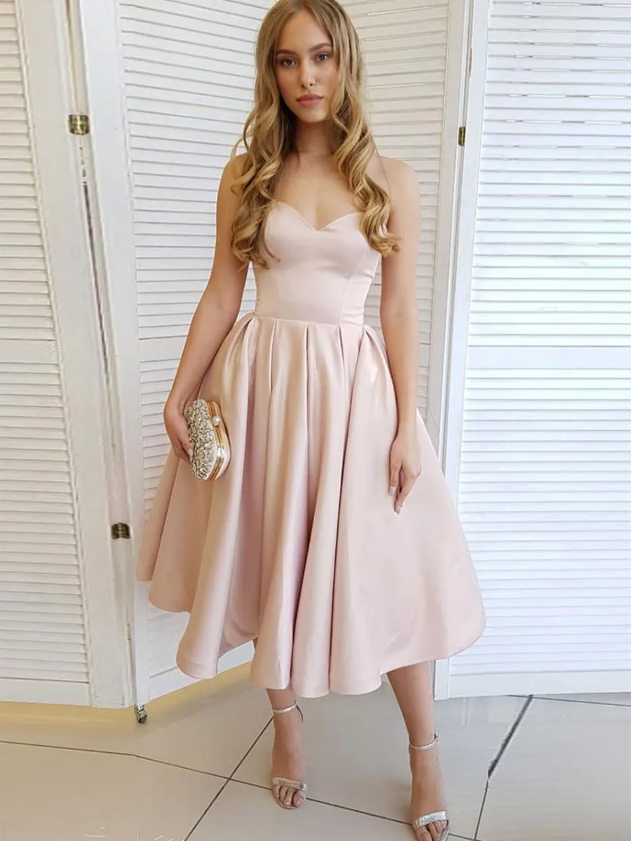 A Line Sweetheart Neck Strapless Tea Length Champagne Prom Homecoming, Strapless Pink Formal Graduation Evening