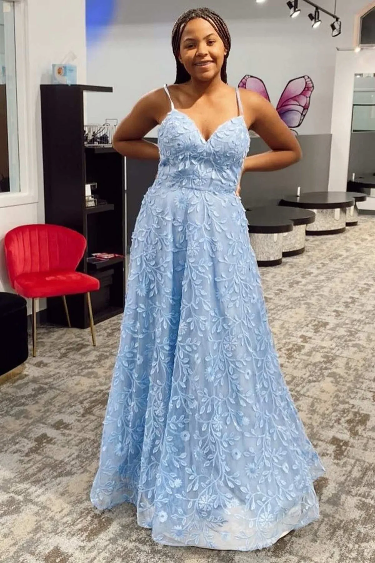 A Line V Neck Backless Blue Lace Long Prom Dress, Blue Lace Formal Dress, Blue Evening Dress A1736