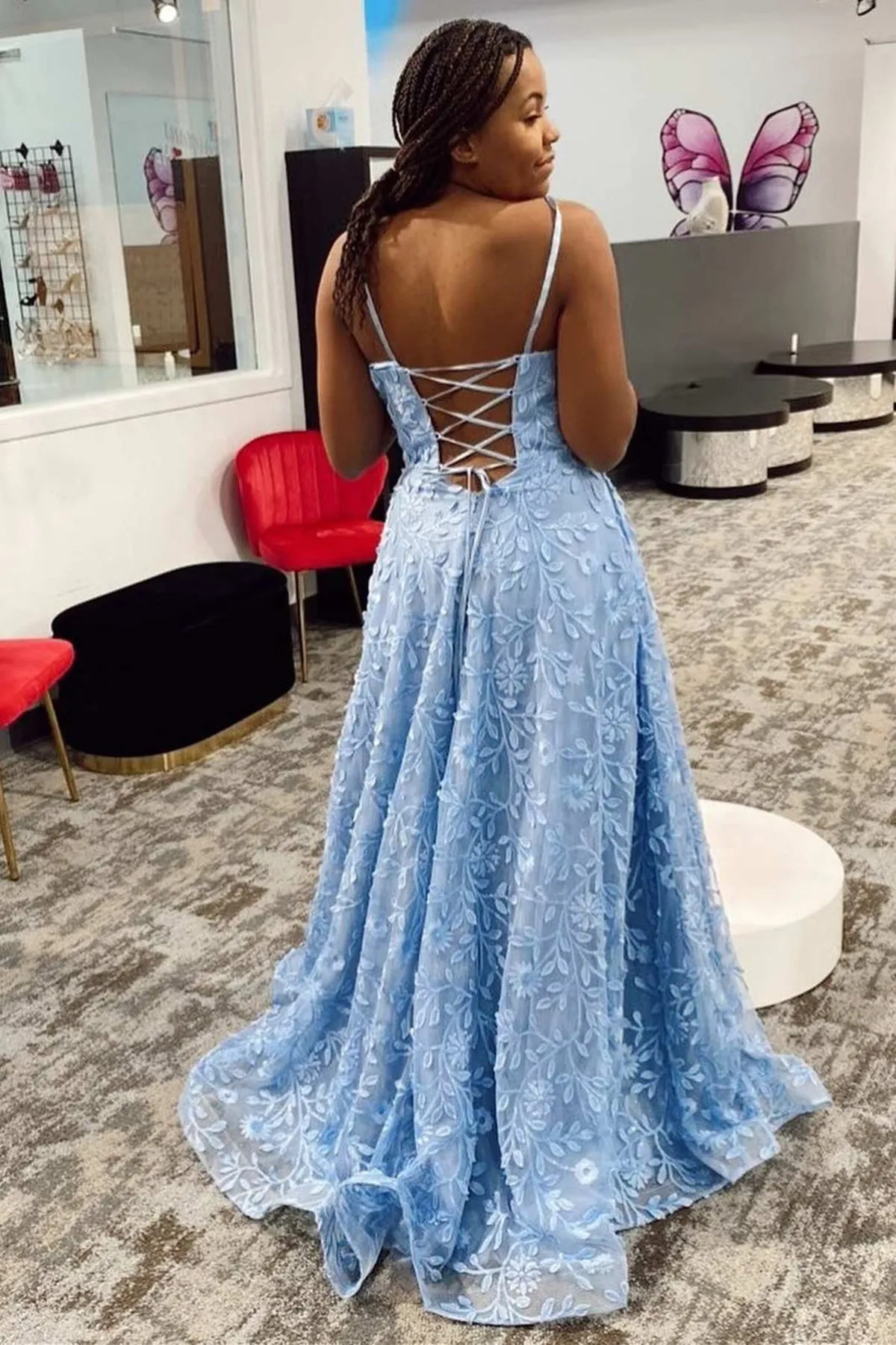 A Line V Neck Backless Blue Lace Long Prom Dress, Blue Lace Formal Dress, Blue Evening Dress A1736