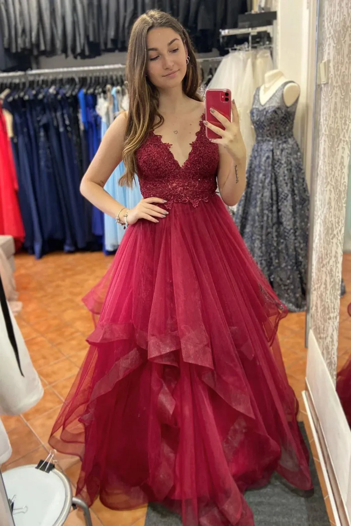 A Line V Neck Fluffy Burgundy/Lilac Lace Long Prom Dress, Burgundy/Lilac Lace Formal Evening Dress, Lace Ball Gown A2230