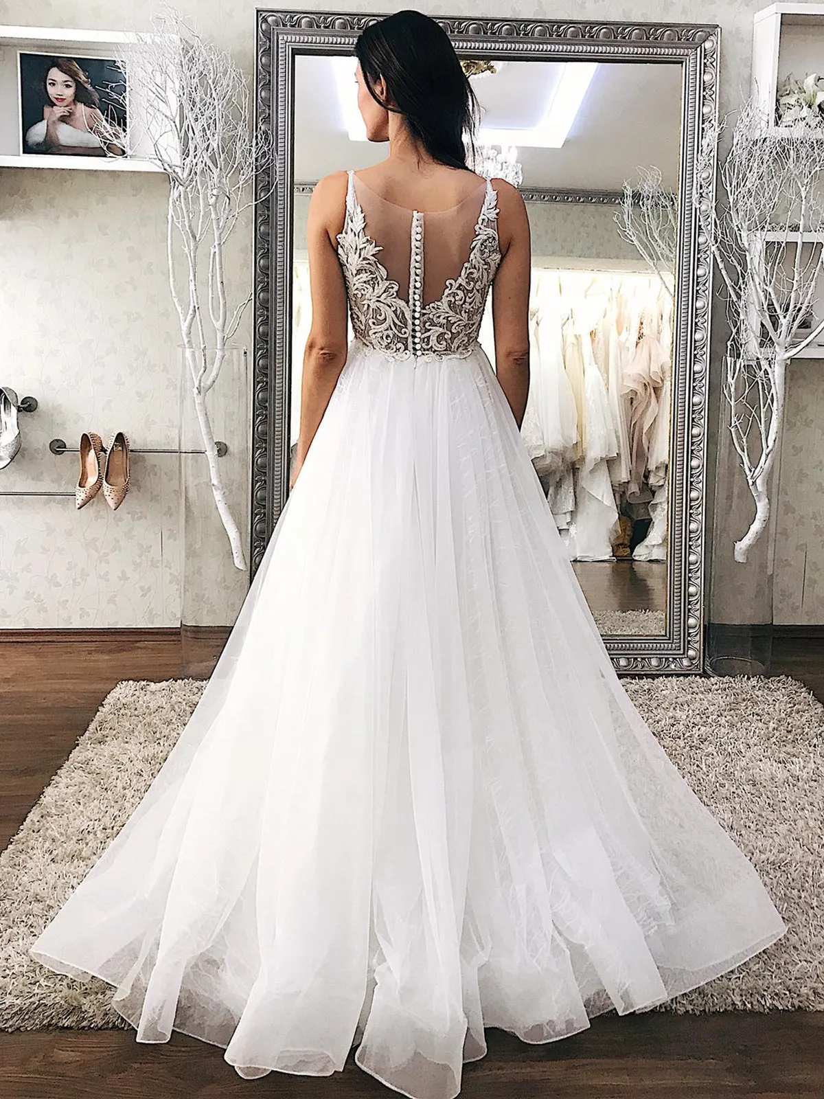 A Line V Neck Ivory Lace Long Prom Dresses, White Lace Wedding Dresses, Ivory Formal Evening Dresses