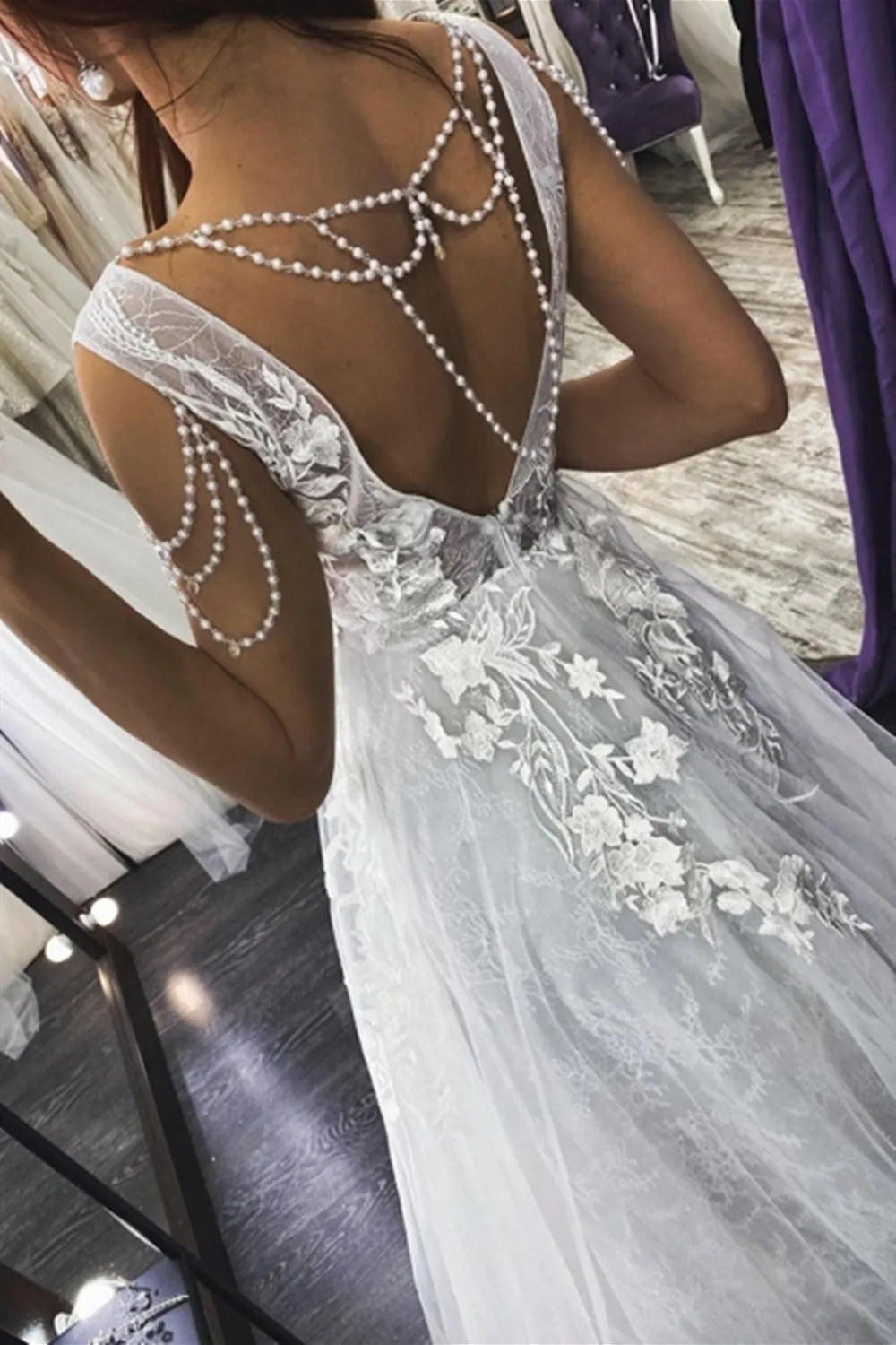 A Line V Neck Open Back Beaded Ivory Lace Long Prom with Gray Lining, Ivory Lace Wedding, Ivory Formal Evening