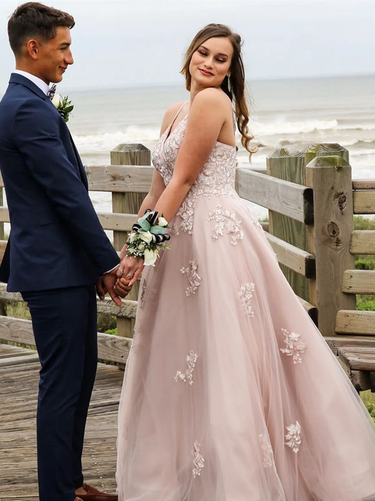 A Line V Neck Open Back Dusty Pink Lace Long Prom, Dusty Pink Lace Long Formal Evening, Pink Wedding