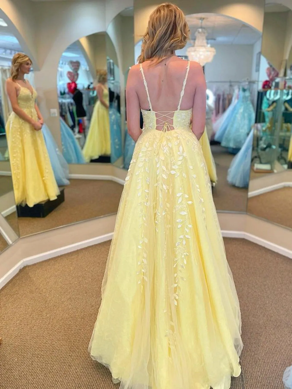 A Line V Neck Open Back Yellow Lace Tulle Long Prom Dresses with Appliques, Yellow Lace Formal Graduation Evening Dresses