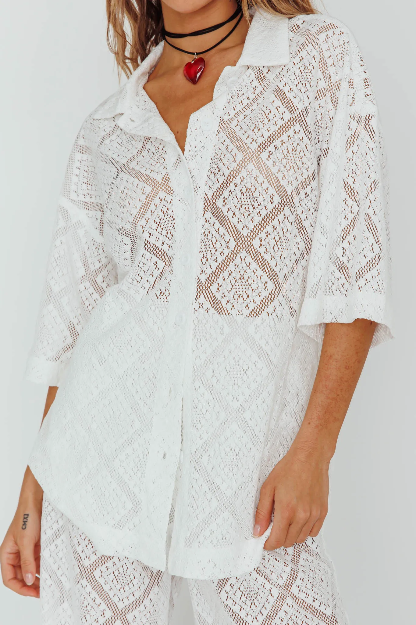 Abraya Lace Button-Up Shirt White