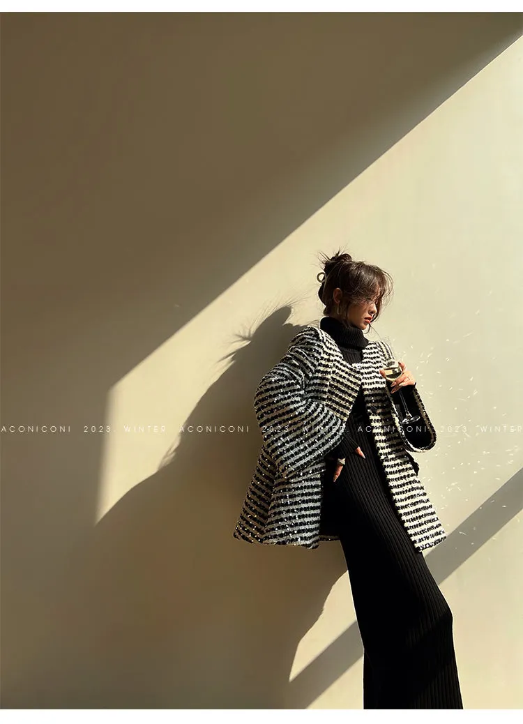 Aconiconi Elegant Black And White Stripe Long Sleeve Long Wool Coat- Quiet Night Flowing Light