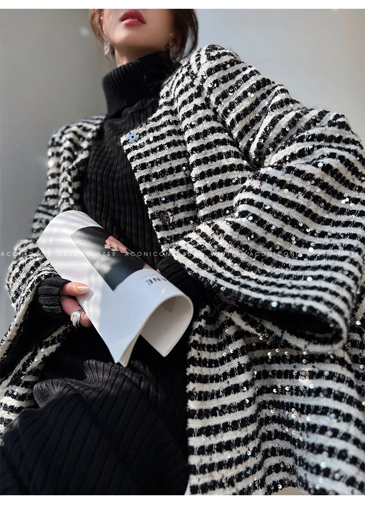 Aconiconi Elegant Black And White Stripe Long Sleeve Long Wool Coat- Quiet Night Flowing Light