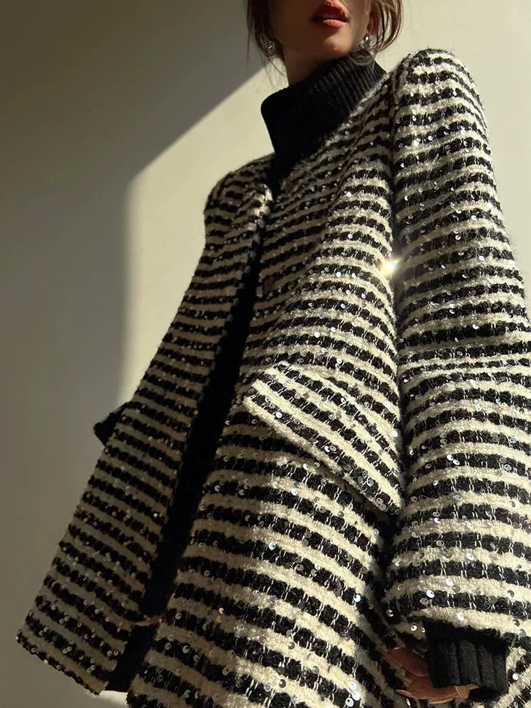 Aconiconi Elegant Black And White Stripe Long Sleeve Long Wool Coat- Quiet Night Flowing Light