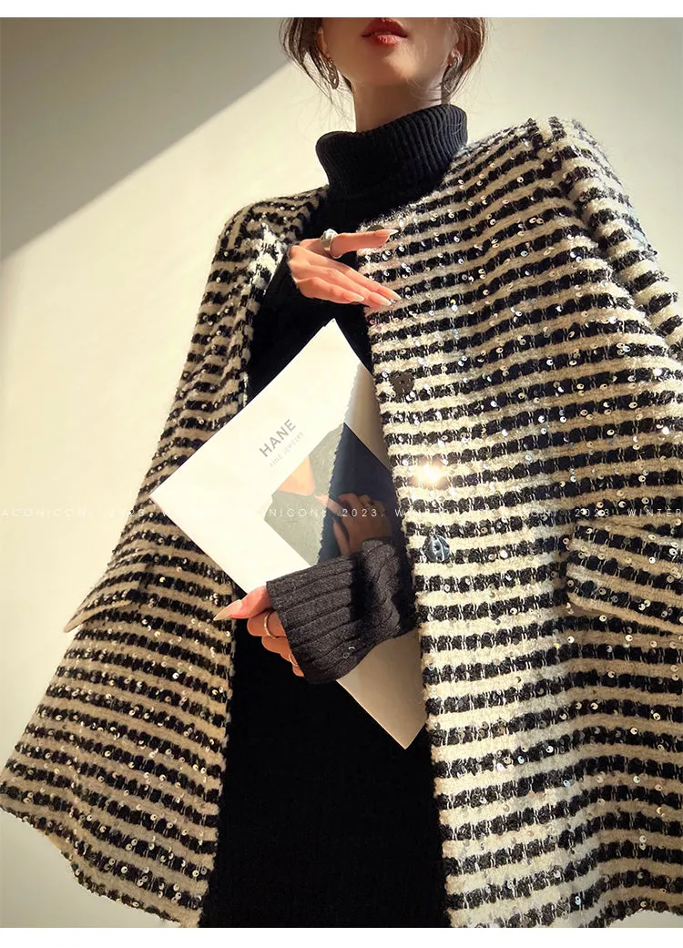 Aconiconi Elegant Black And White Stripe Long Sleeve Long Wool Coat- Quiet Night Flowing Light