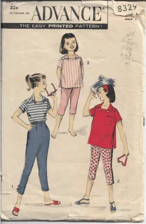 Advance 8329 Girls Pedal Pushers Tapered Pants Shirt Vintage 1960s Sewing Pattern