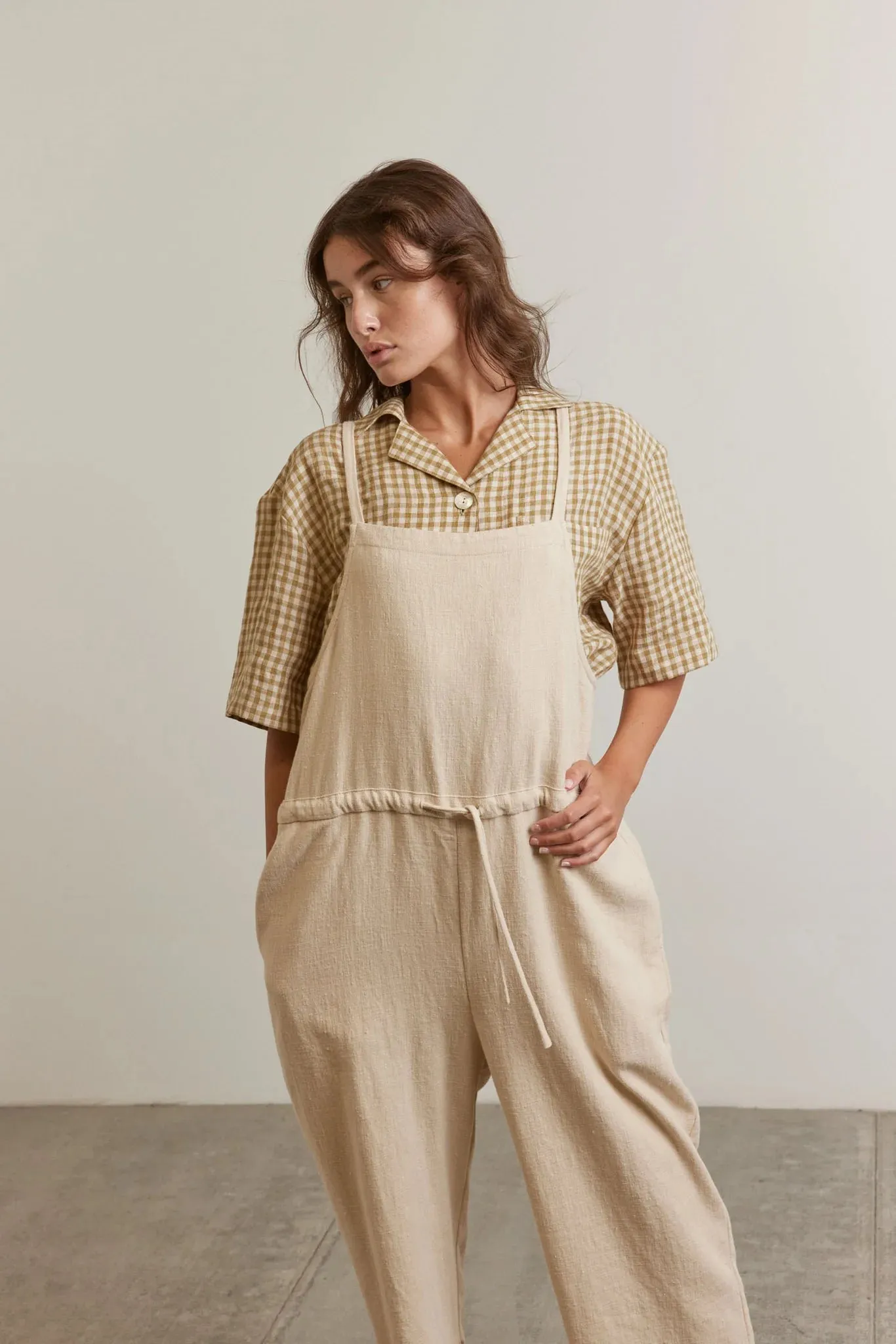 Amente - Tie Waist Ramie Overall | Oatmeal