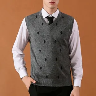 Asian Size Men's Wool Sweater Pullover Sleeveless Basic Knit Vest Tank Argyle Stylish Fashion Casual V Neck A-26