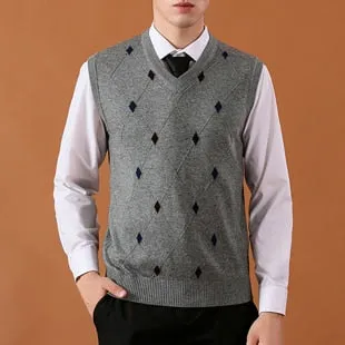 Asian Size Men's Wool Sweater Pullover Sleeveless Basic Knit Vest Tank Argyle Stylish Fashion Casual V Neck A-26