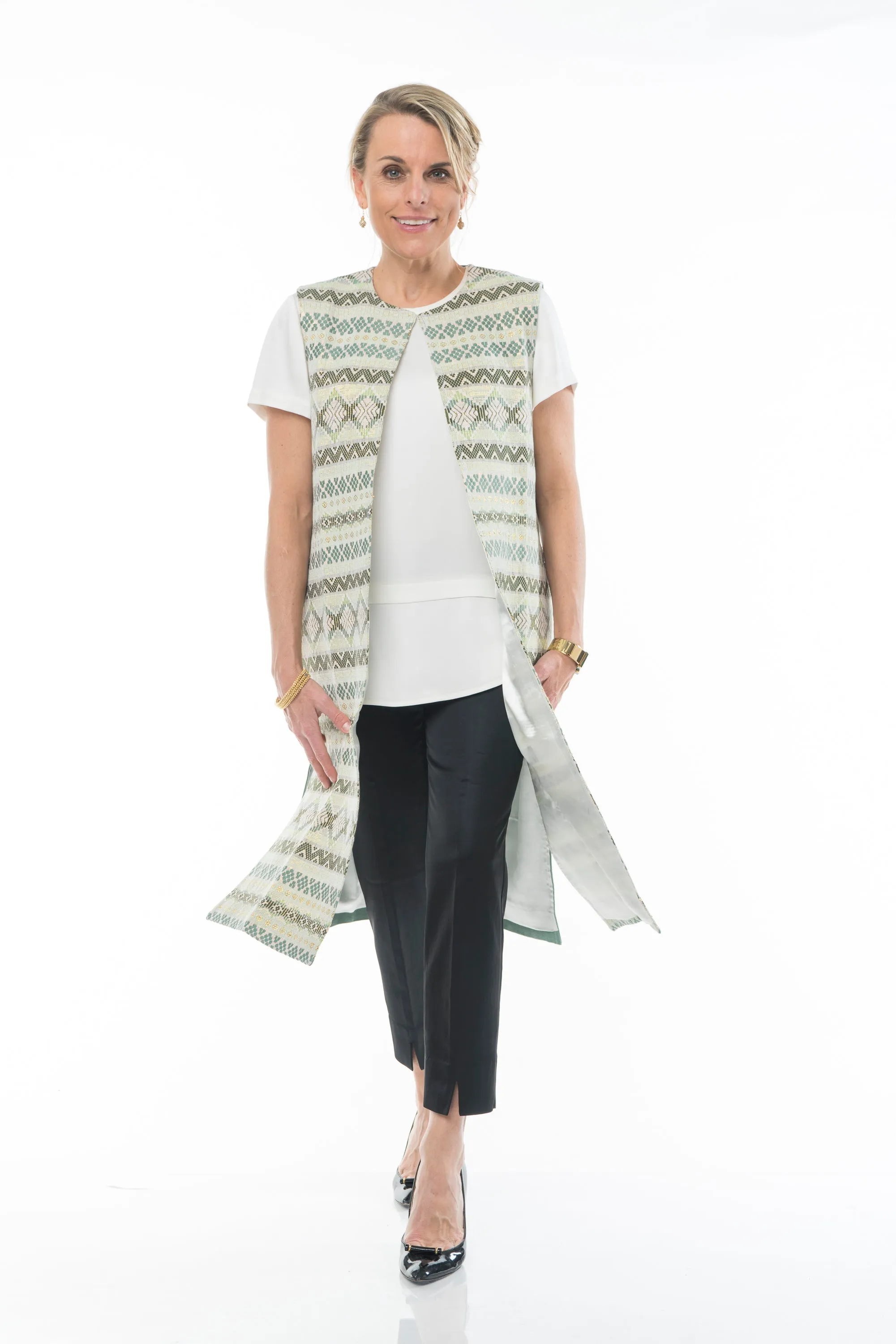 Atitlan Guatemalan Duster Vest- Celadon, Green, Ivory, & Gold