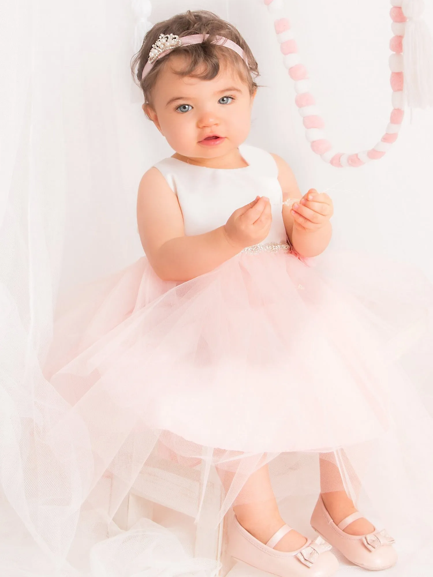 Baby Girls Blush Satin Tulle Glitter Belt Flower Girl Dress 6-24M