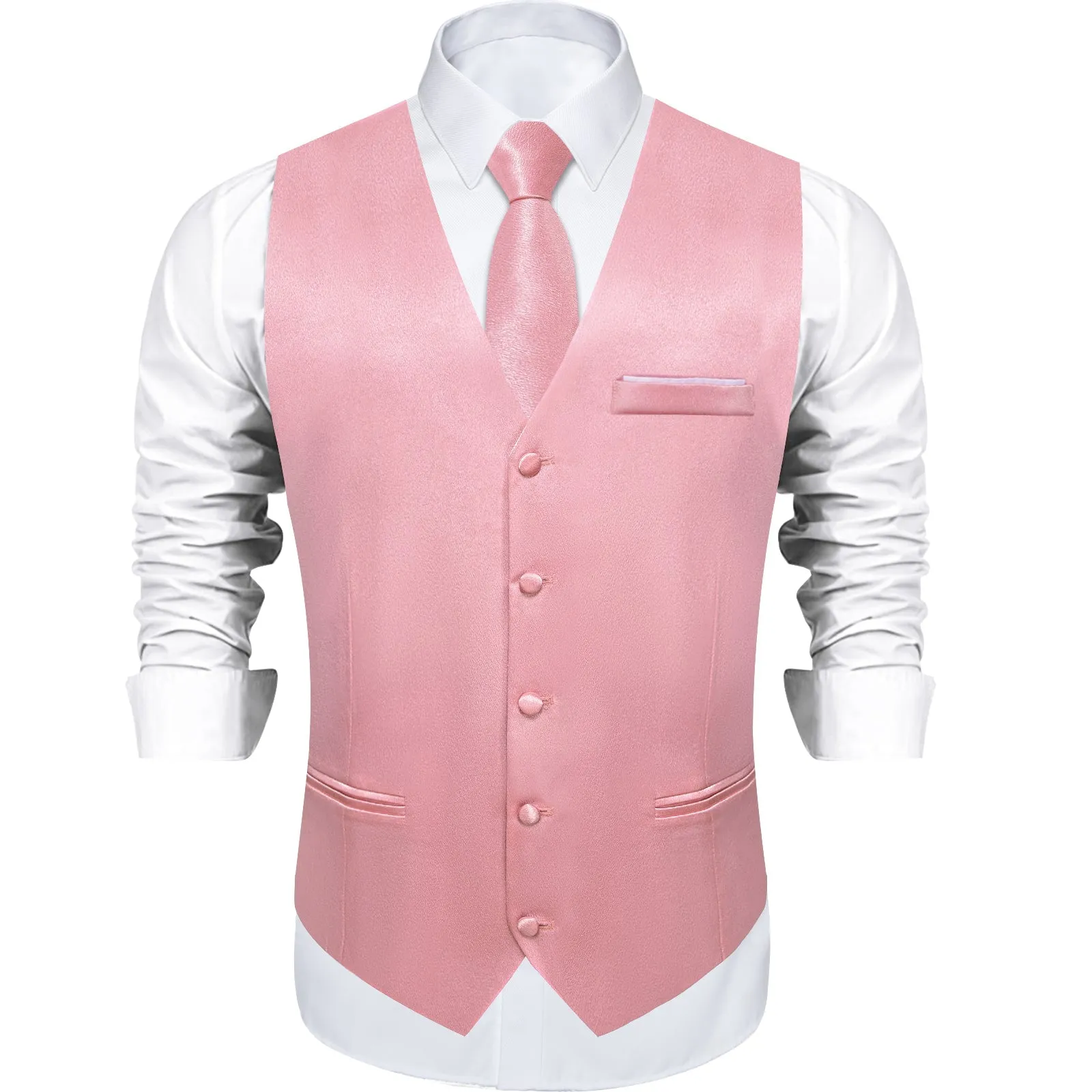 Baby Pink Solid Shining Silk Formal Men's Vest Hanky Cufflinks Tie Set