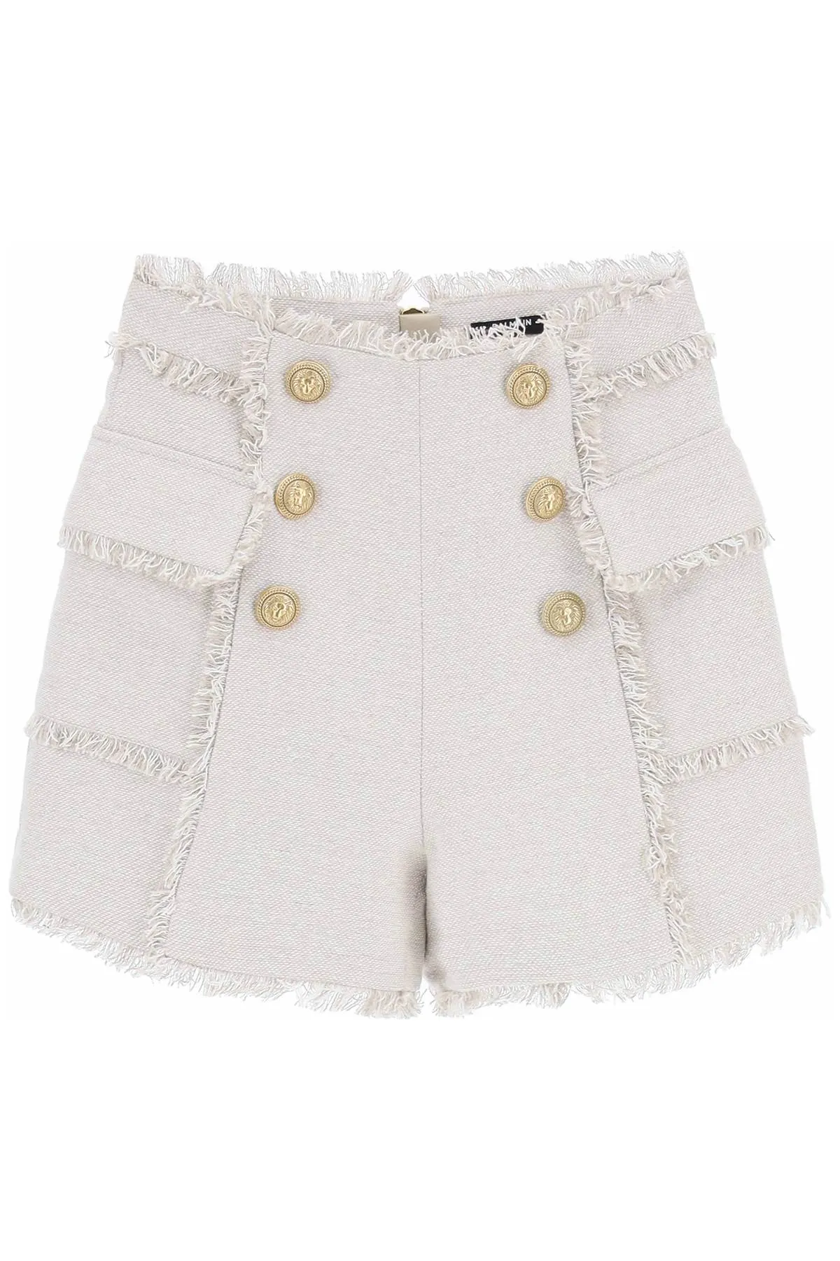 Balmain frayed linen shorts with gold-tone buttons