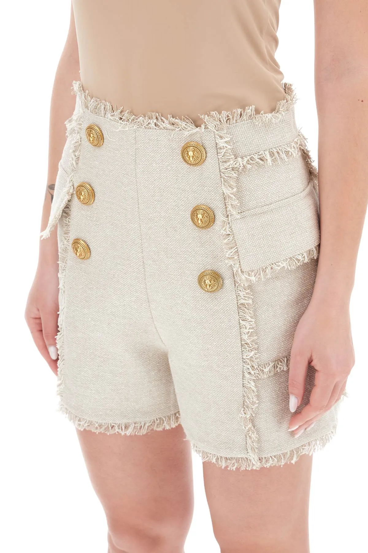 Balmain frayed linen shorts with gold-tone buttons