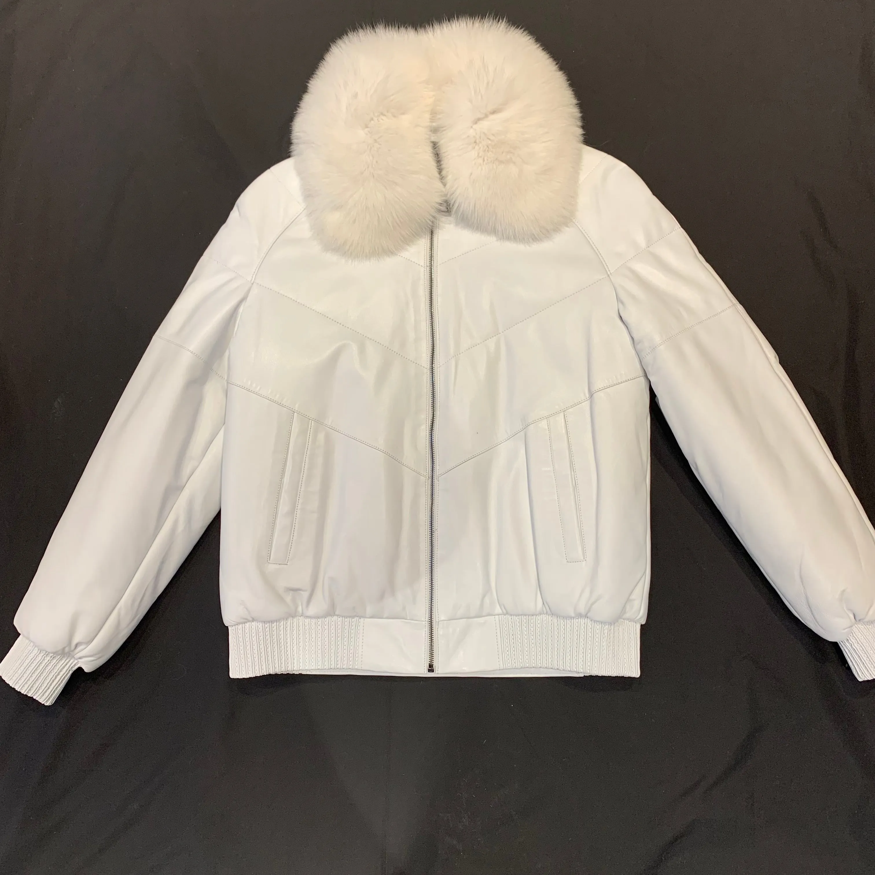 Barya NewYork White Fox Fur Quilted Lambskin Bomber Jacket