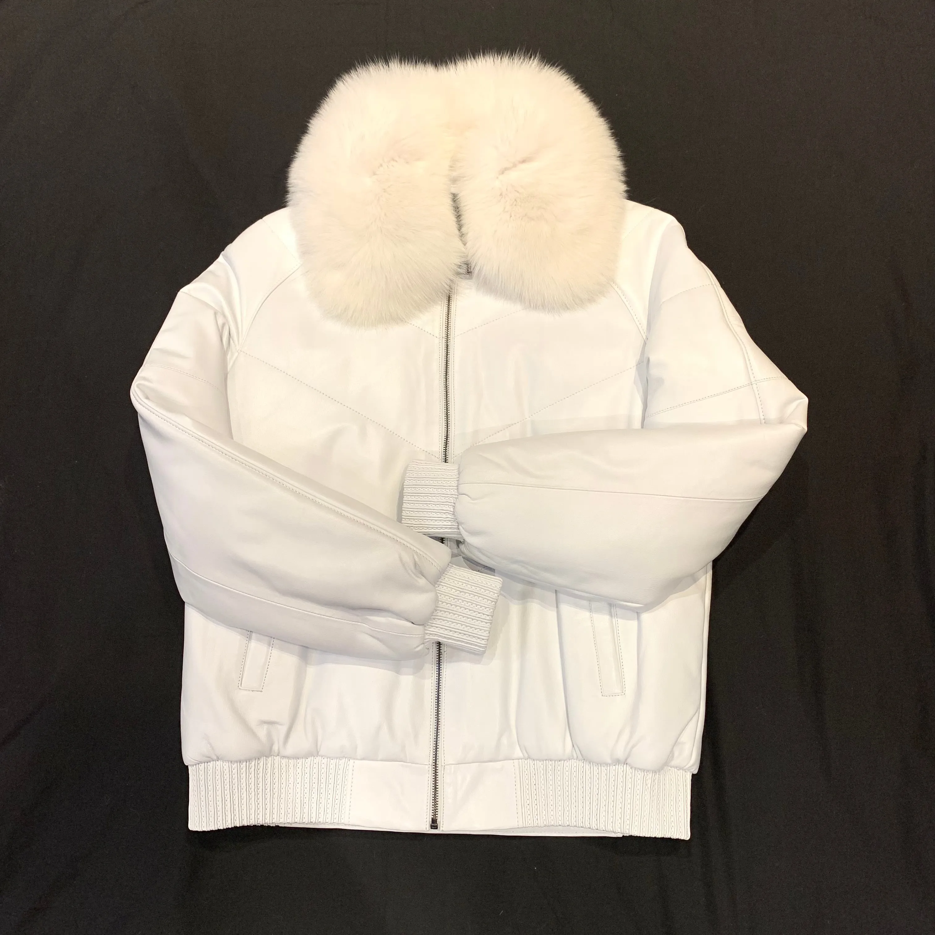 Barya NewYork White Fox Fur Quilted Lambskin Bomber Jacket