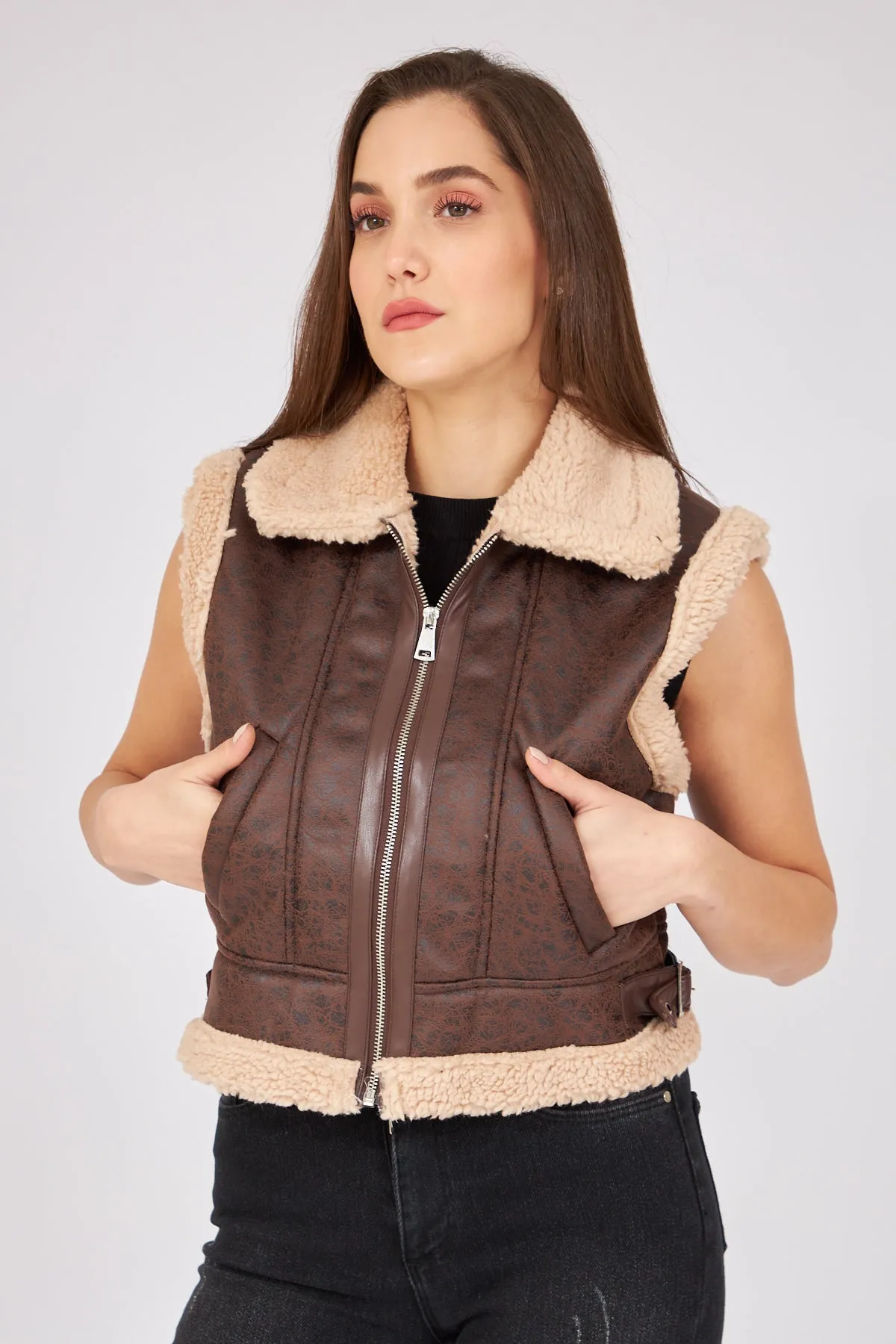 Beige Furry Collar and Waist Detailed Zippered Vest