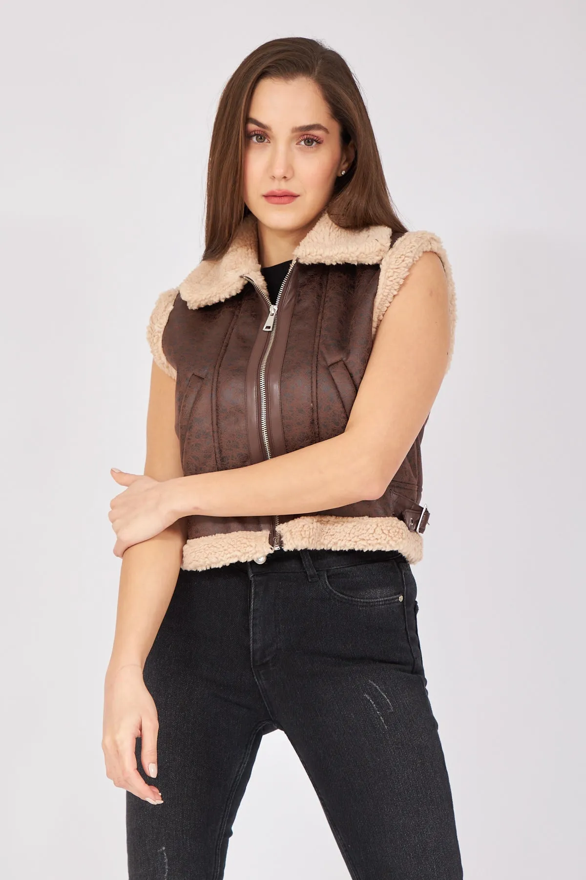 Beige Furry Collar and Waist Detailed Zippered Vest