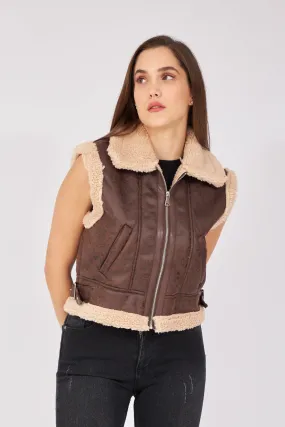 Beige Furry Collar and Waist Detailed Zippered Vest