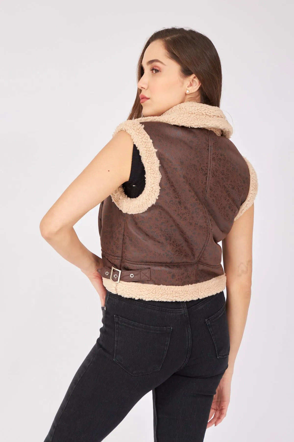 Beige Furry Collar and Waist Detailed Zippered Vest