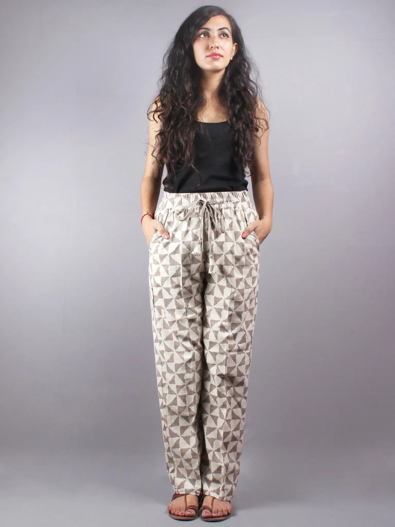 Beige Hand Block Printed Elasticated Waist Trousers- T0317005