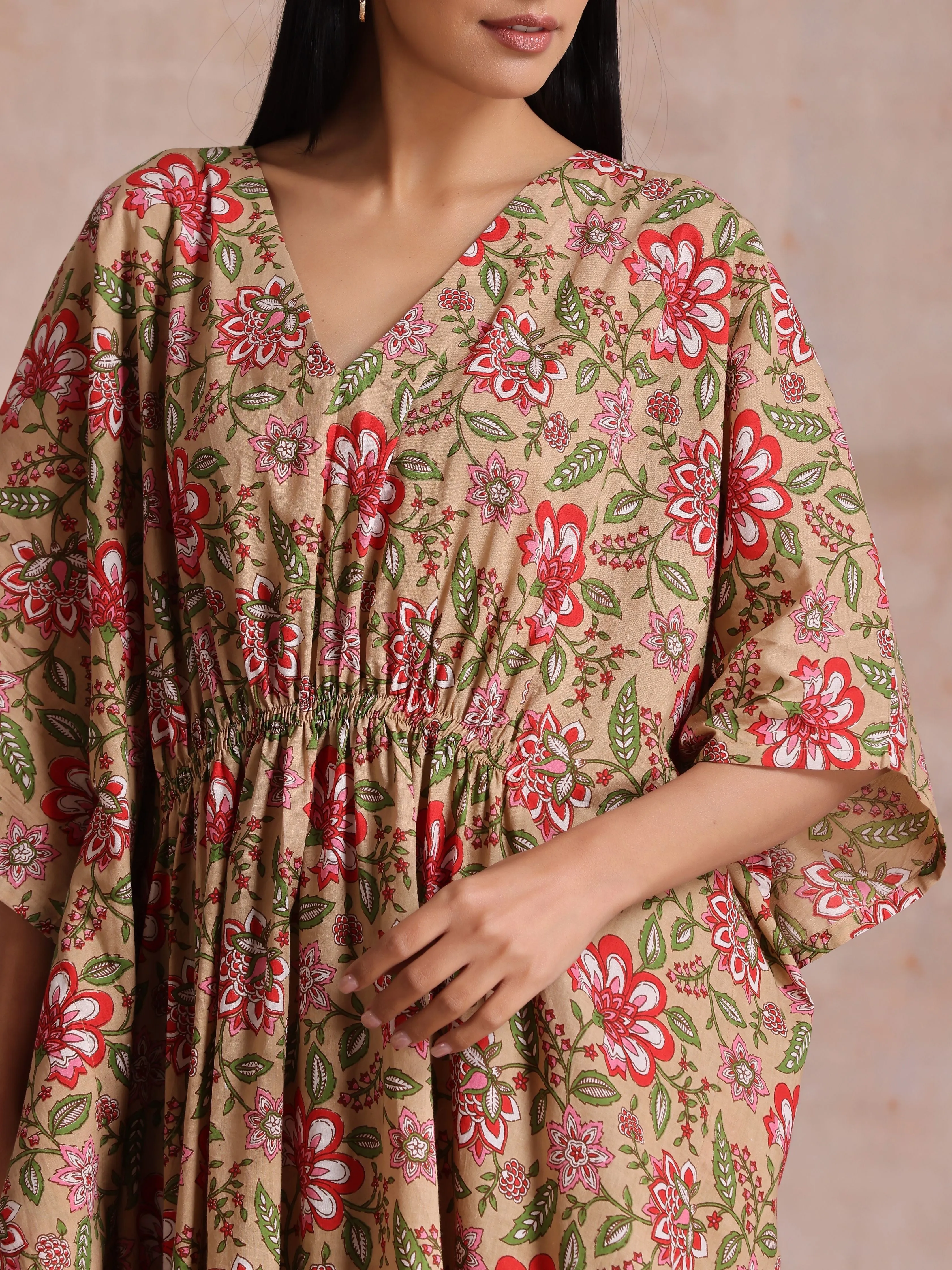 Beige Overall Big Floral Block Print Cotton Kaftan Dress