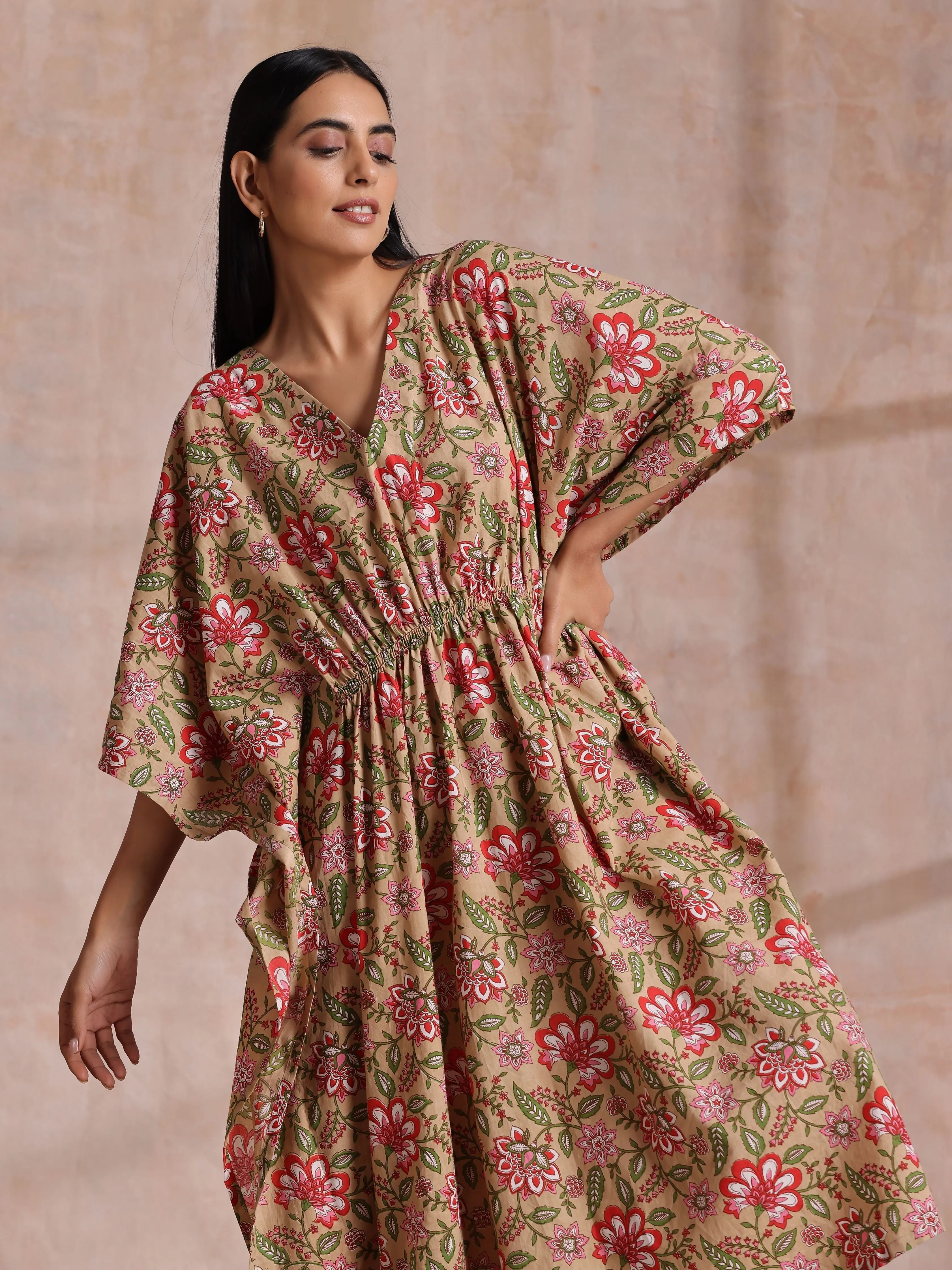 Beige Overall Big Floral Block Print Cotton Kaftan Dress