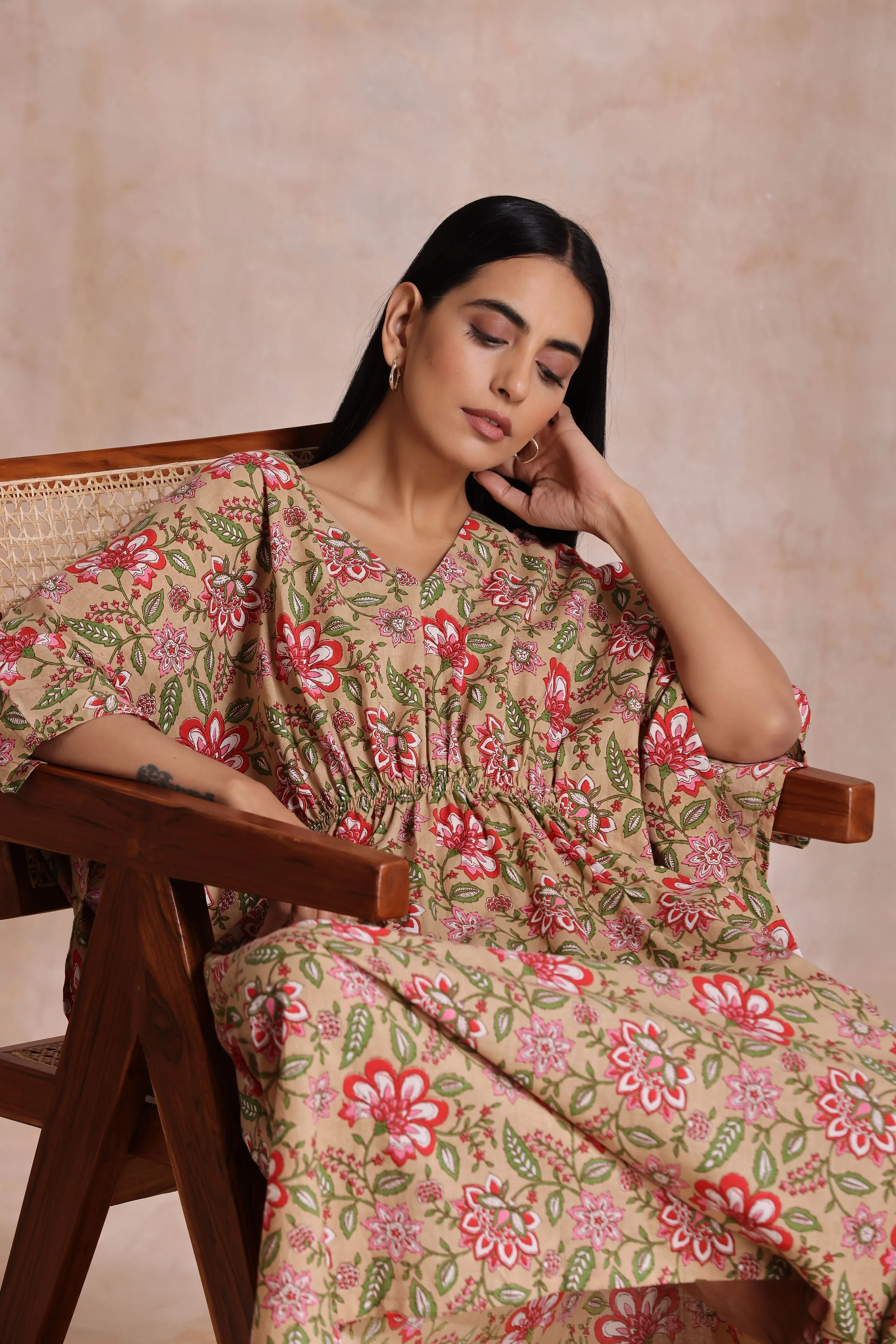 Beige Overall Big Floral Block Print Cotton Kaftan Dress