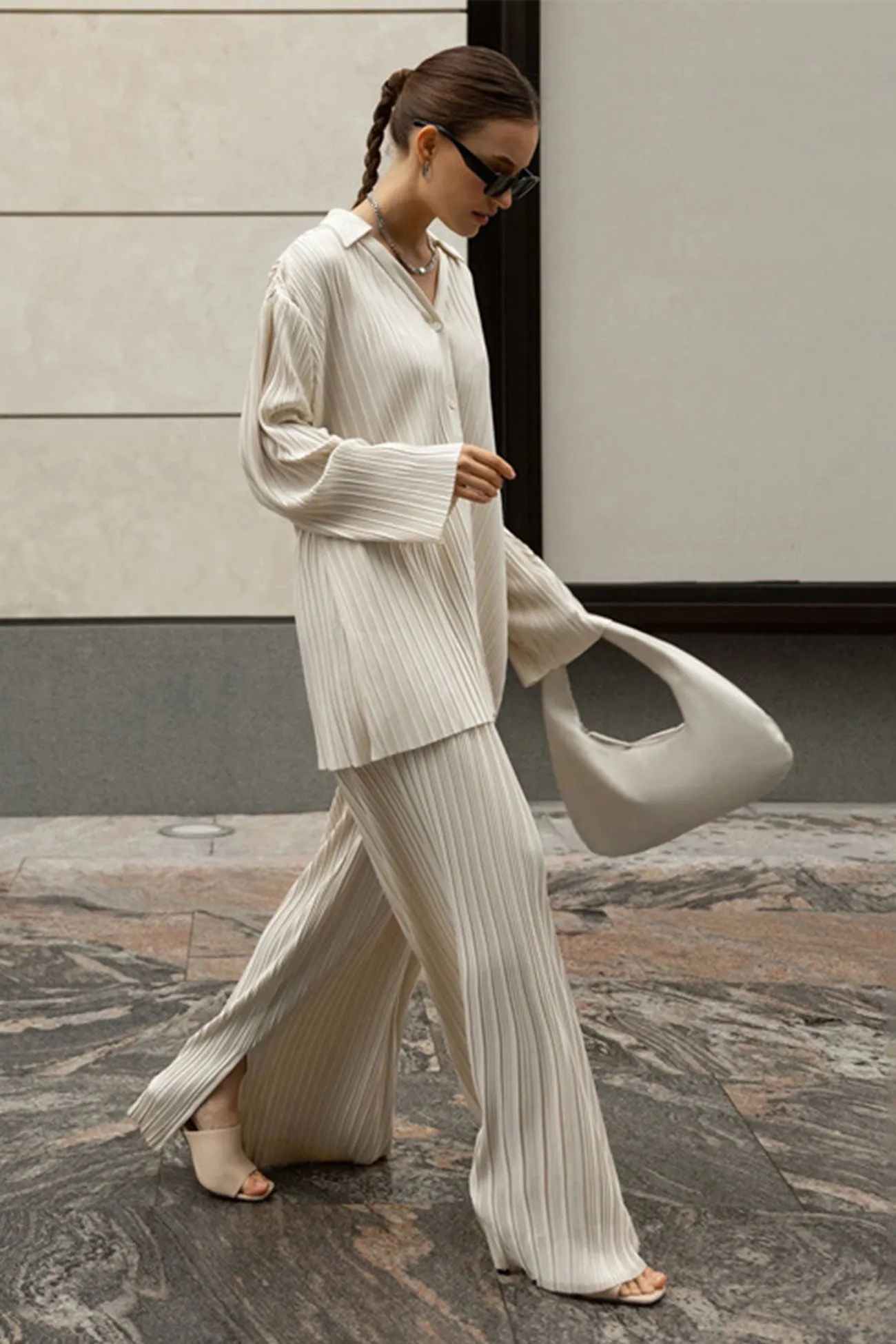 Beige Pleated Shirt Long Pants Set