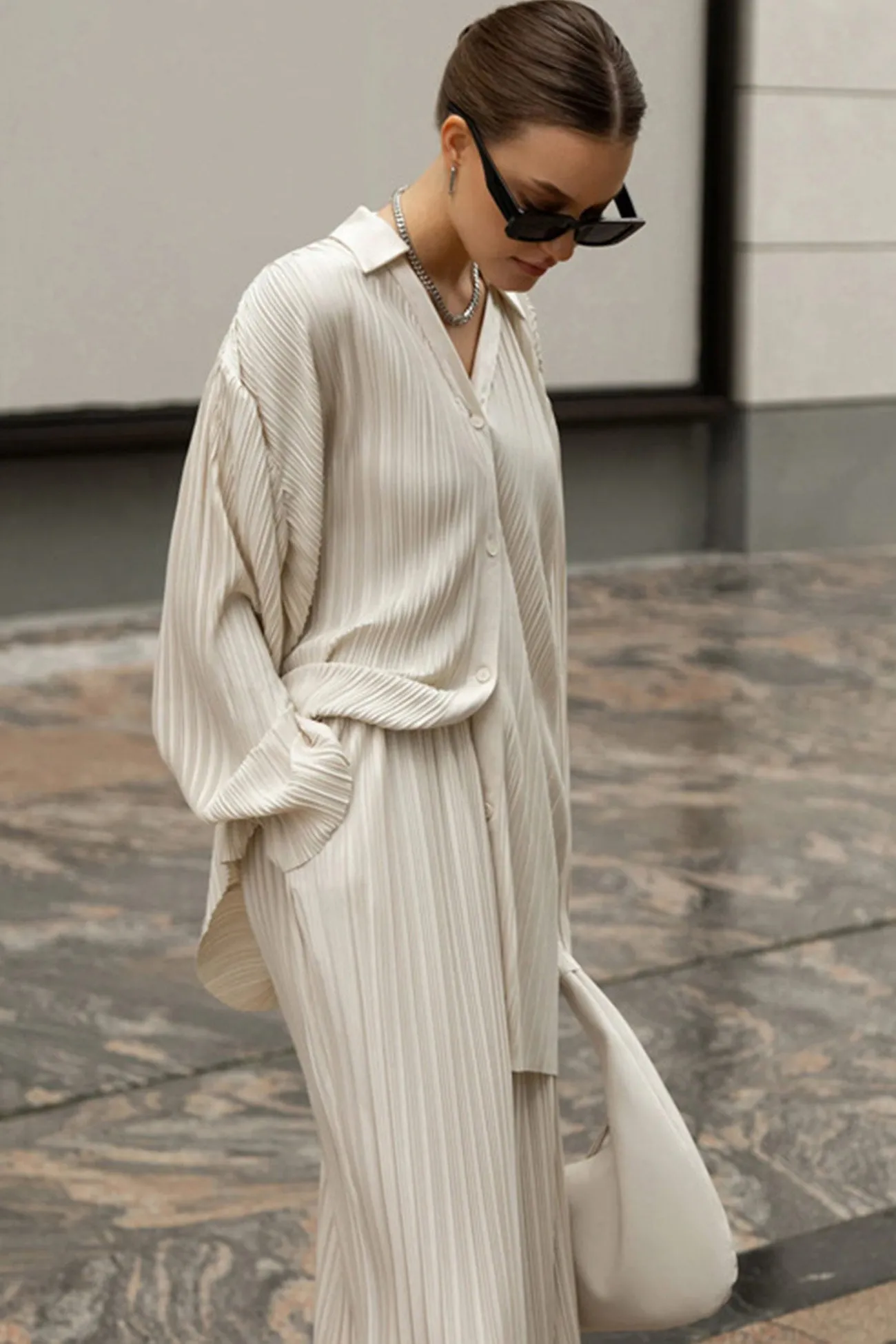 Beige Pleated Shirt Long Pants Set