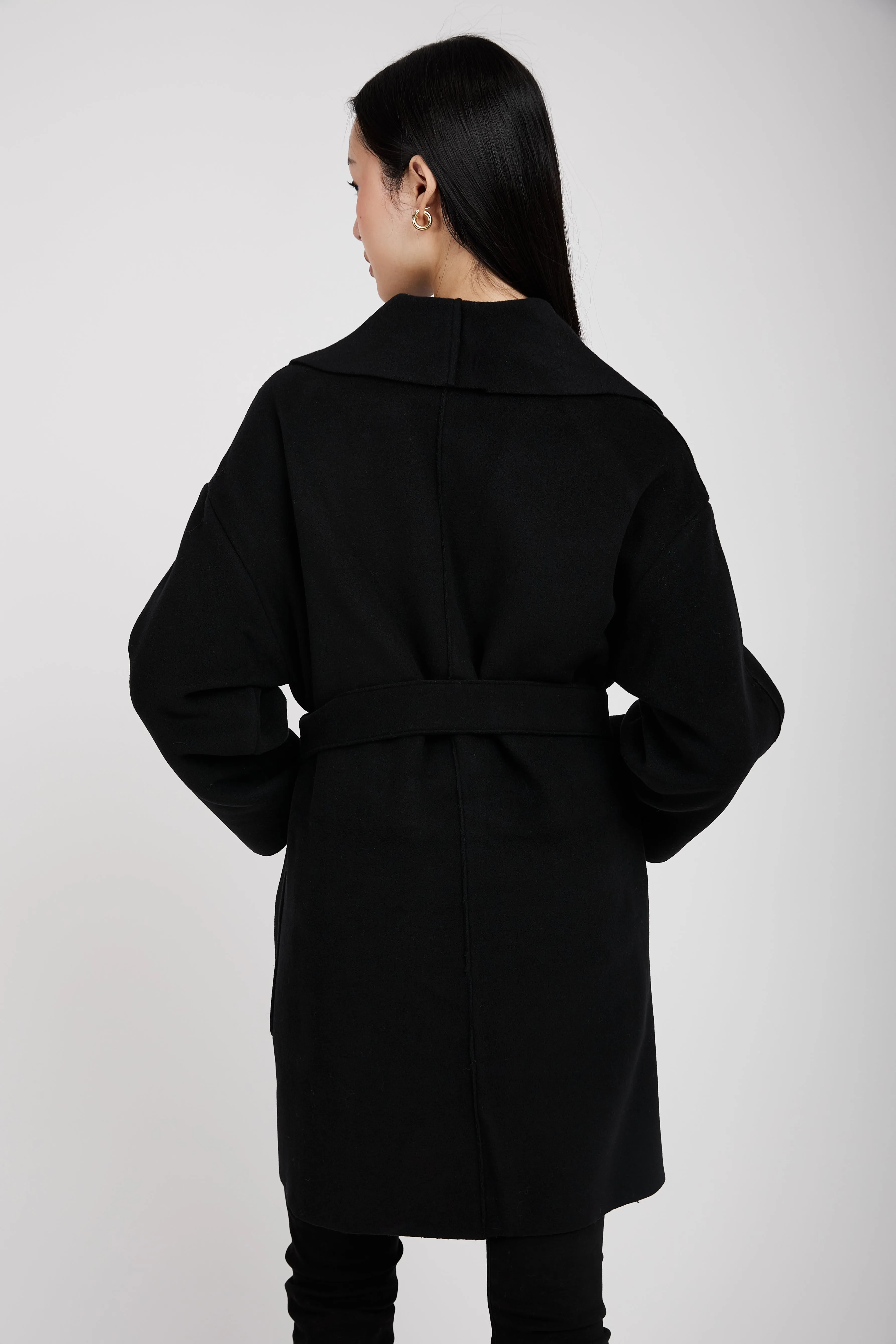 Belted Wrap Wool Coat in Black