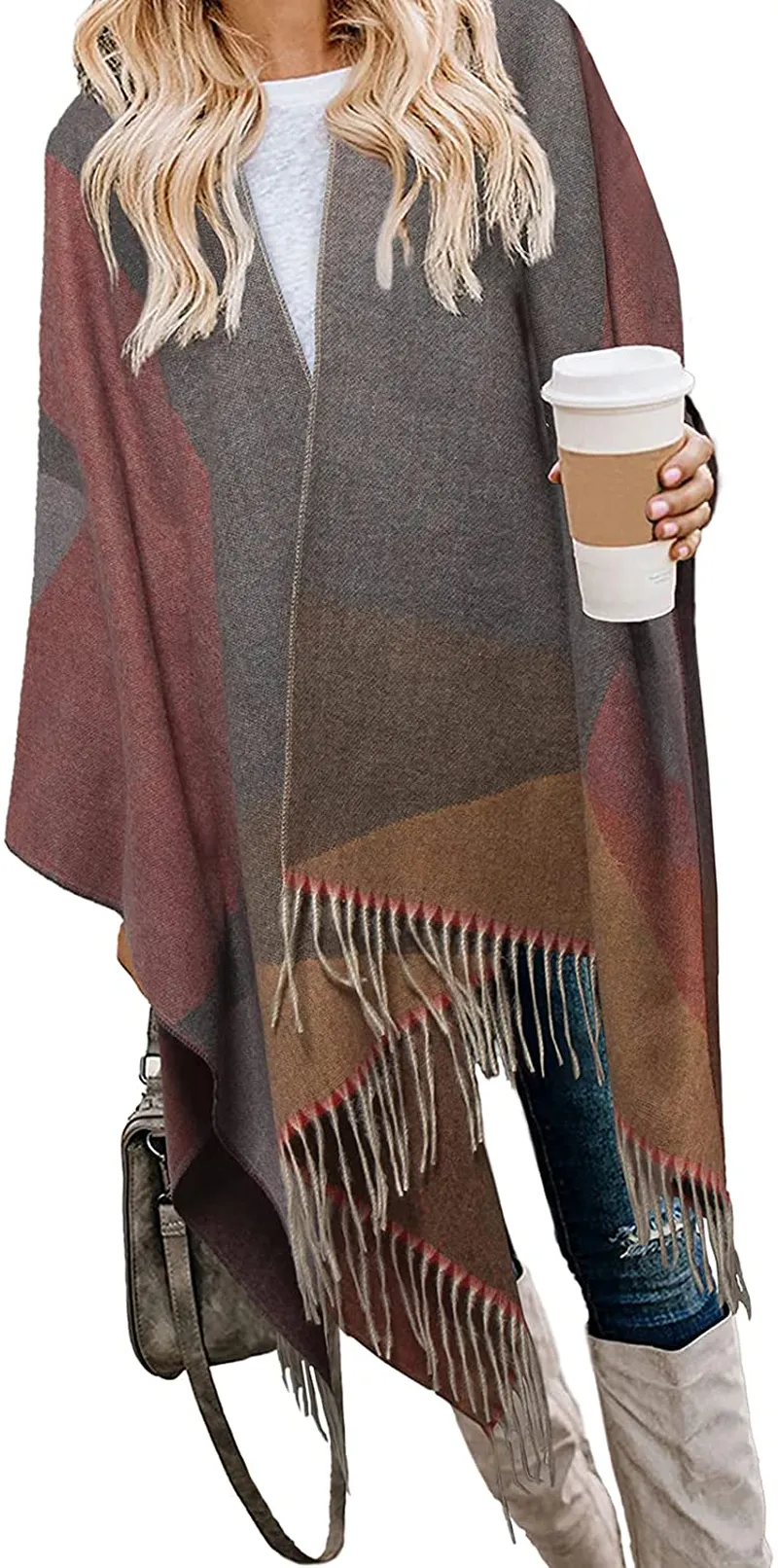 Bestshe Women's Stylish Open Front Poncho Cape Clock Block Oversize Knitted Shawl Wrap for Women