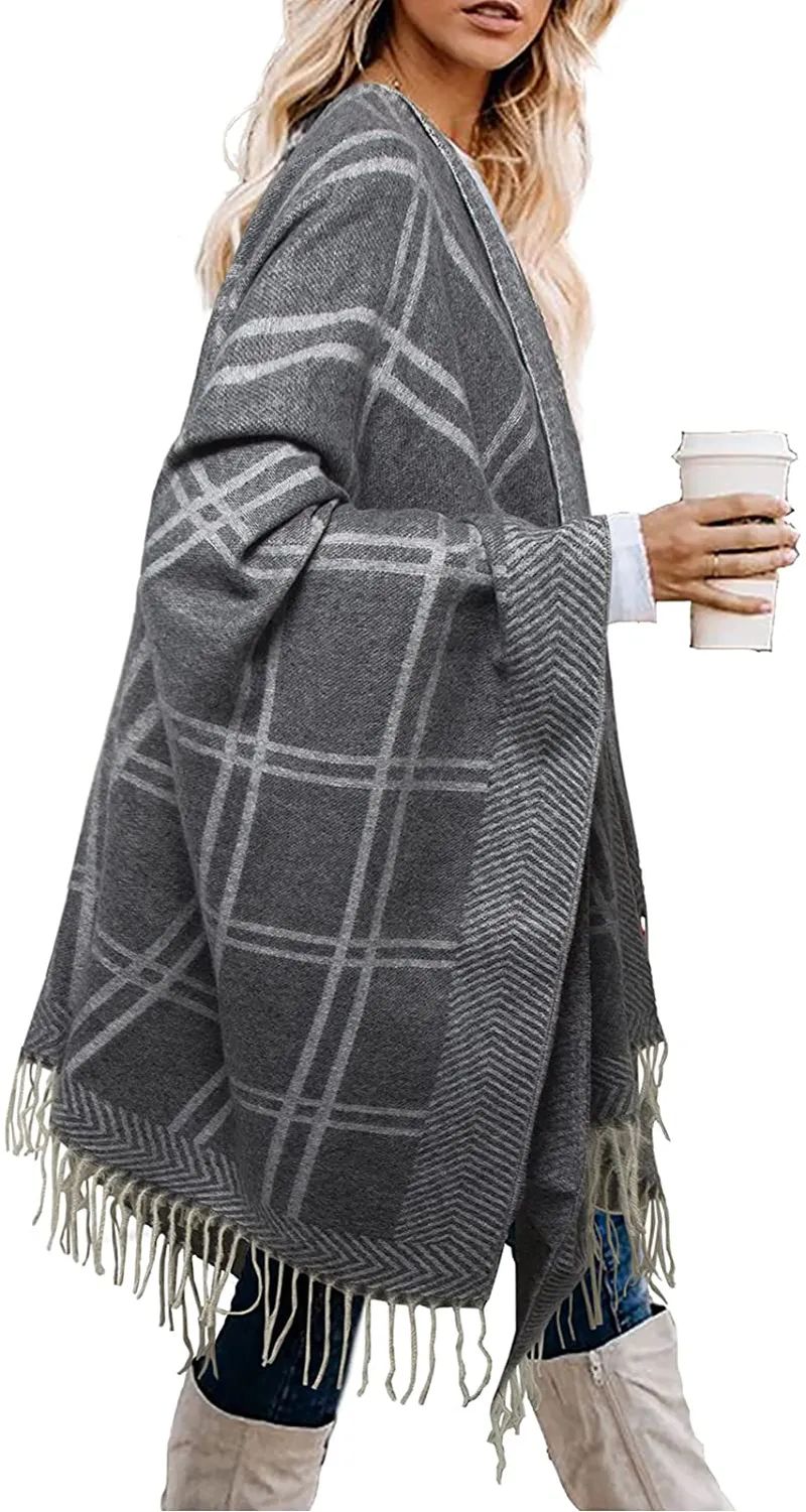 Bestshe Women's Stylish Open Front Poncho Cape Clock Block Oversize Knitted Shawl Wrap for Women